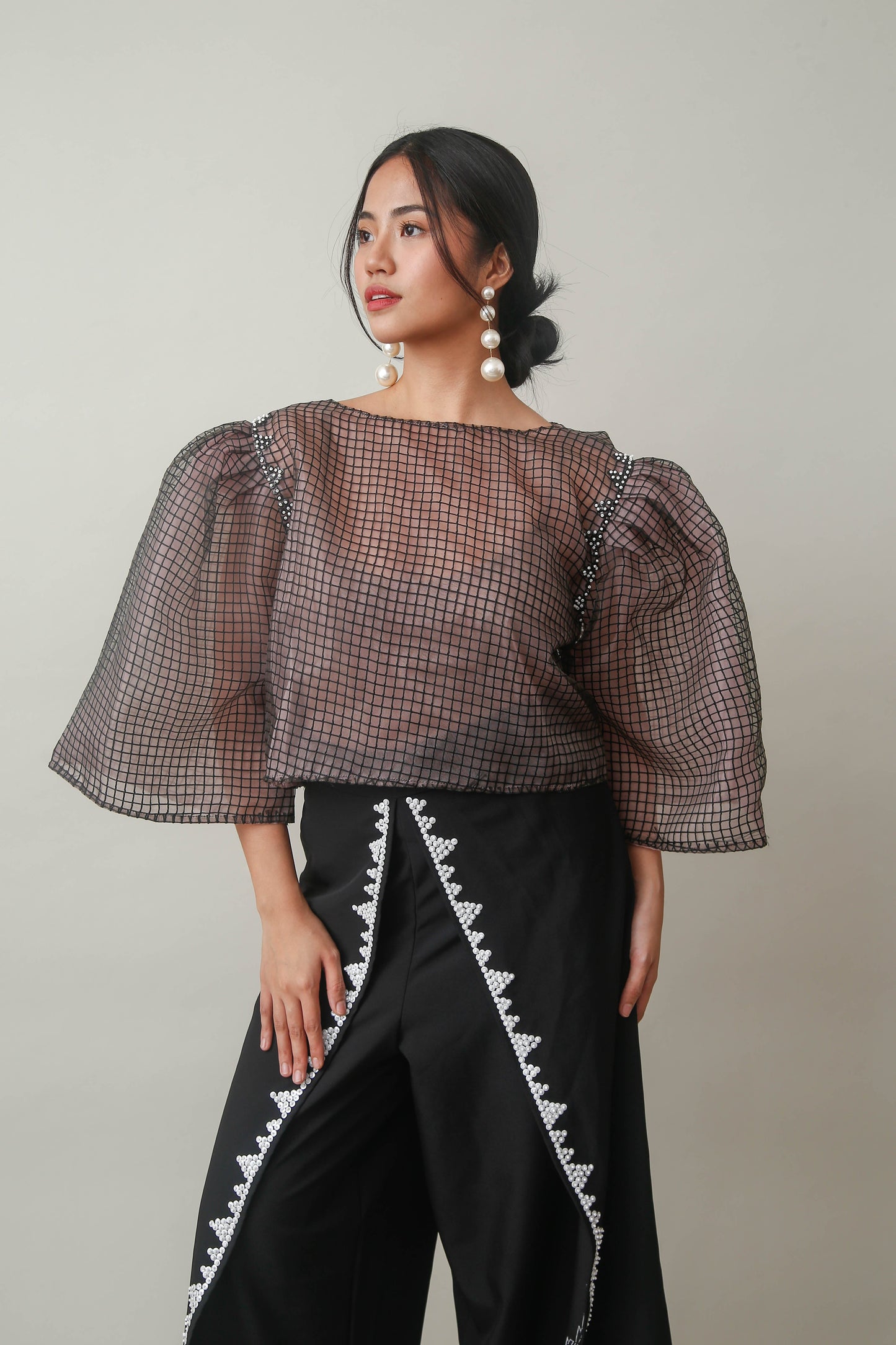Maayos Kausap Non-Crumple Flair Pants with Hand Embroidery in Black