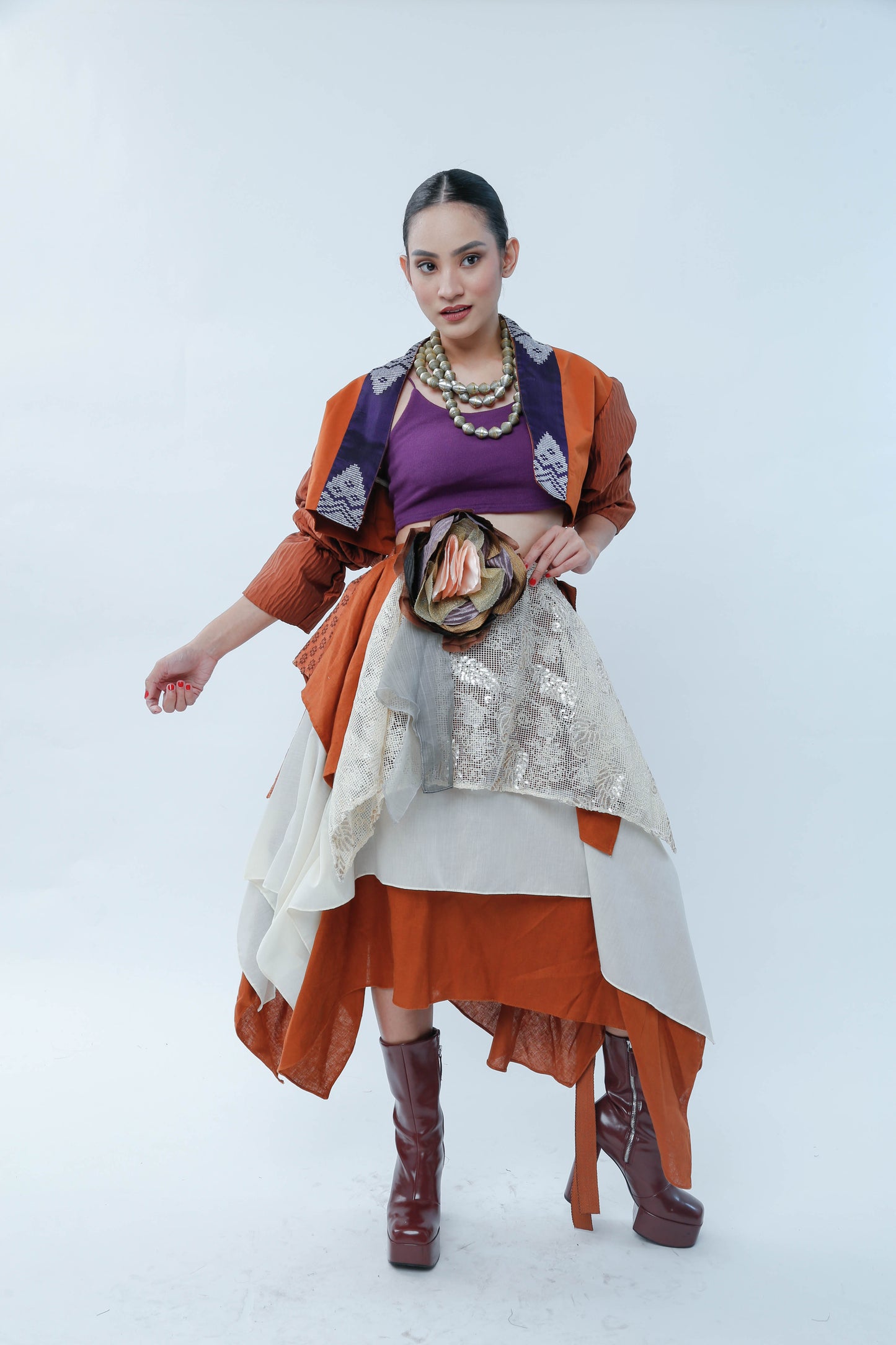 Freestyle Skirt Burnt Orange with Floral Applique and Kundiman Weave