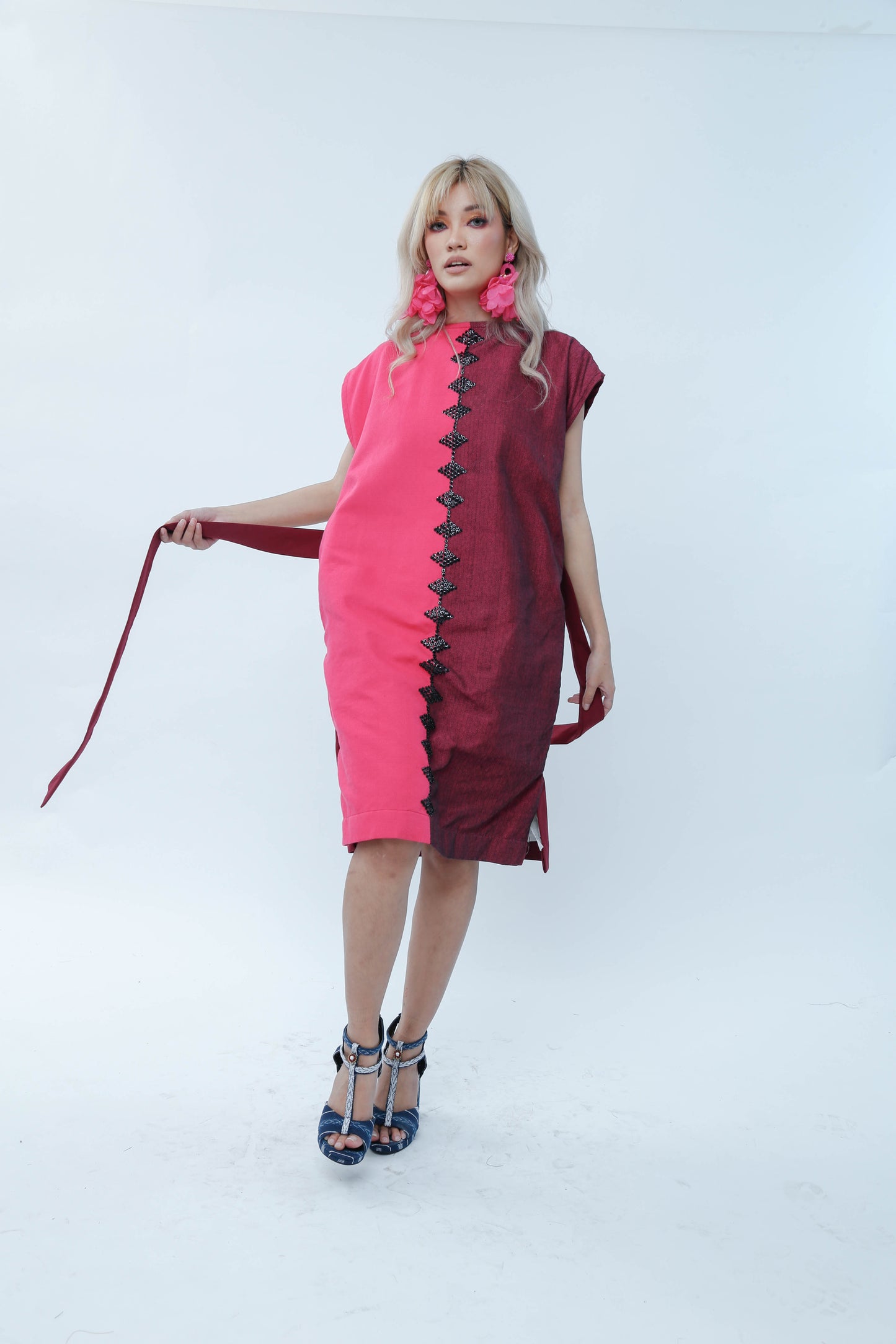 Doble Kara Free Size Two Tones Dress in Pink Black Kalinga Weave