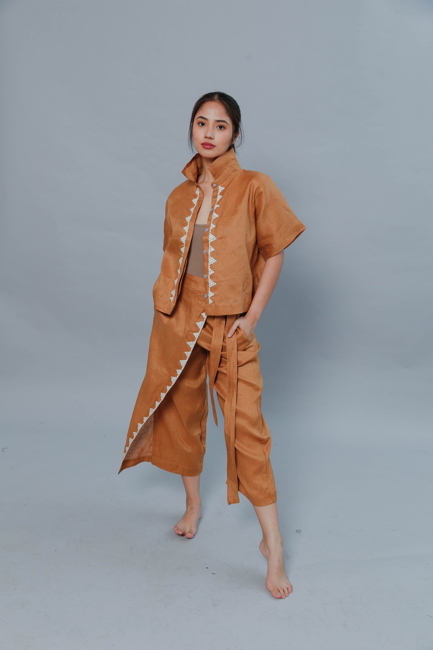 Brown Lakwatsa Linen Coords with Hand Embroidery