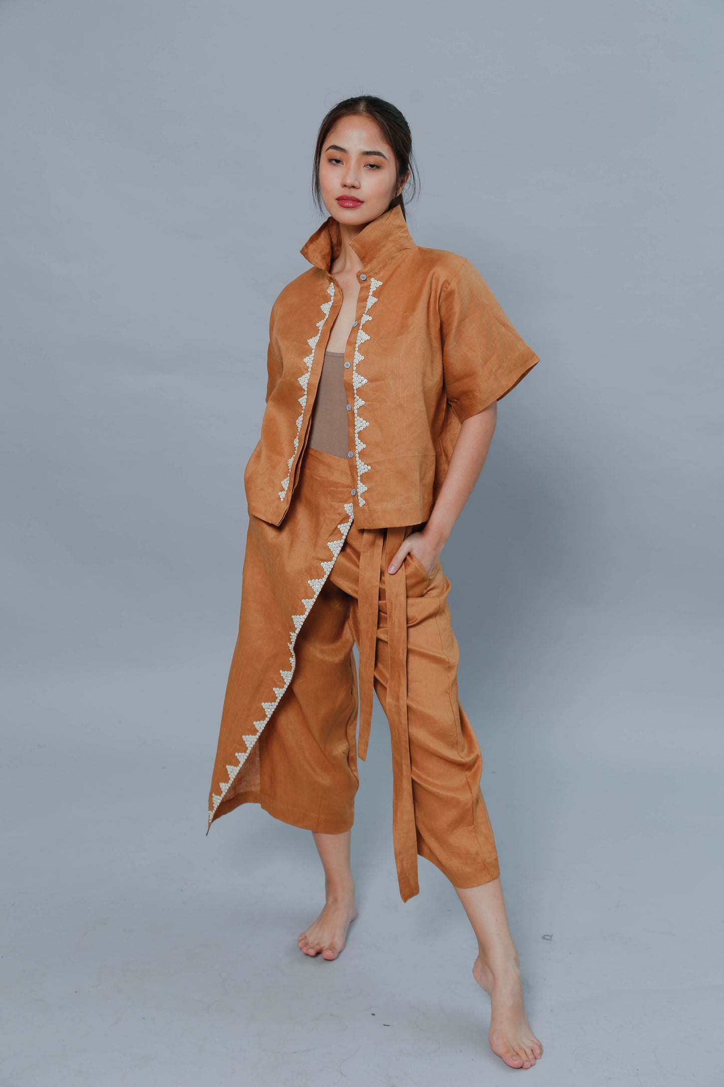 Brown Lakwatsa Linen Coords with Hand Embroidery