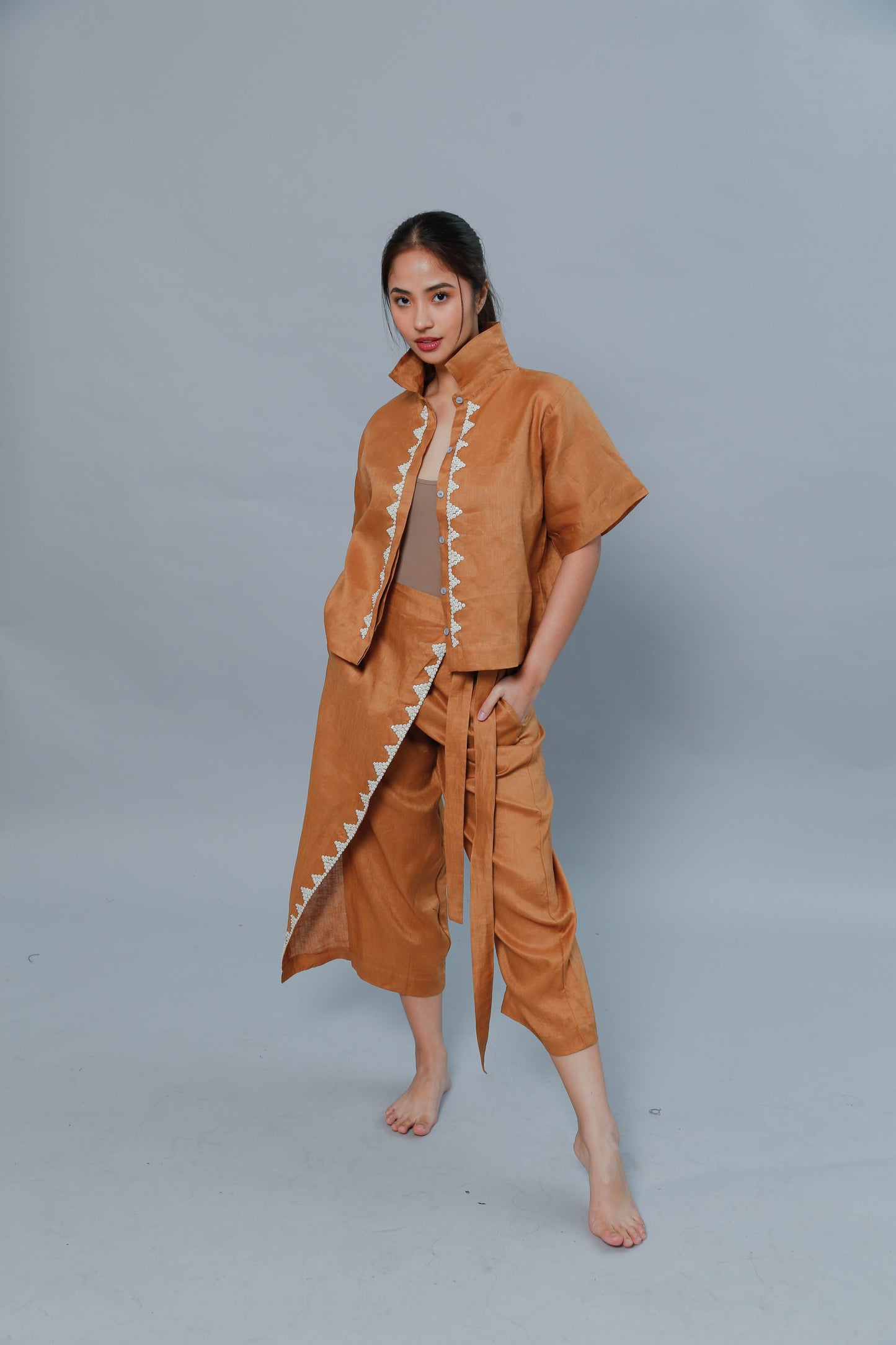 Brown Lakwatsa Linen Coords with Hand Embroidery