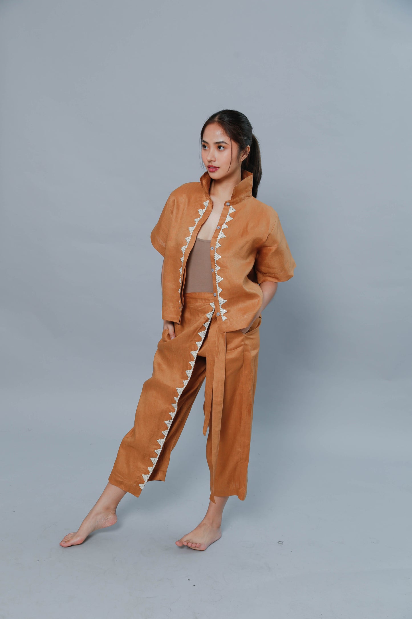 Brown Lakwatsa Linen Coords with Hand Embroidery