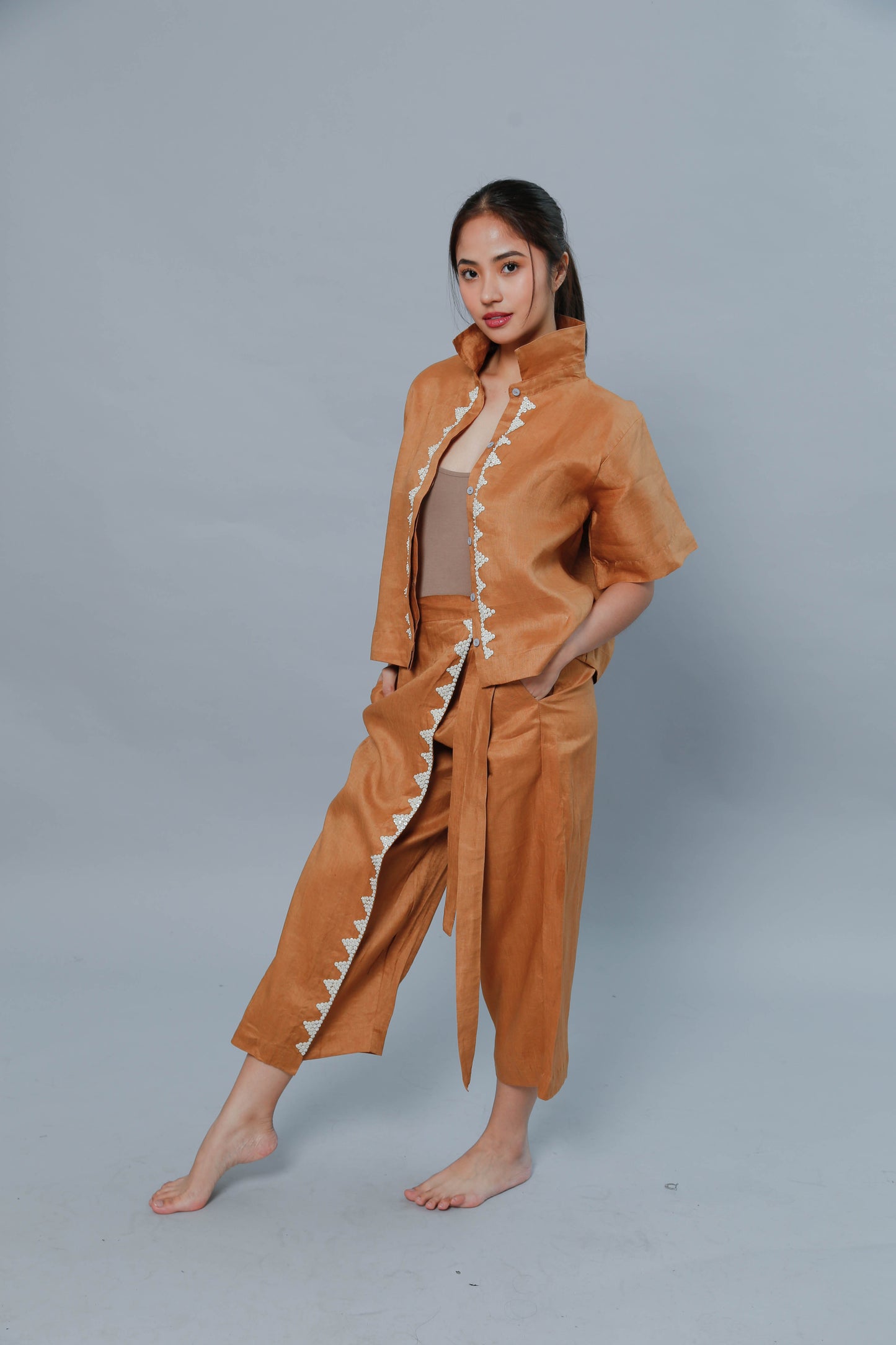 Brown Lakwatsa Linen Coords with Hand Embroidery