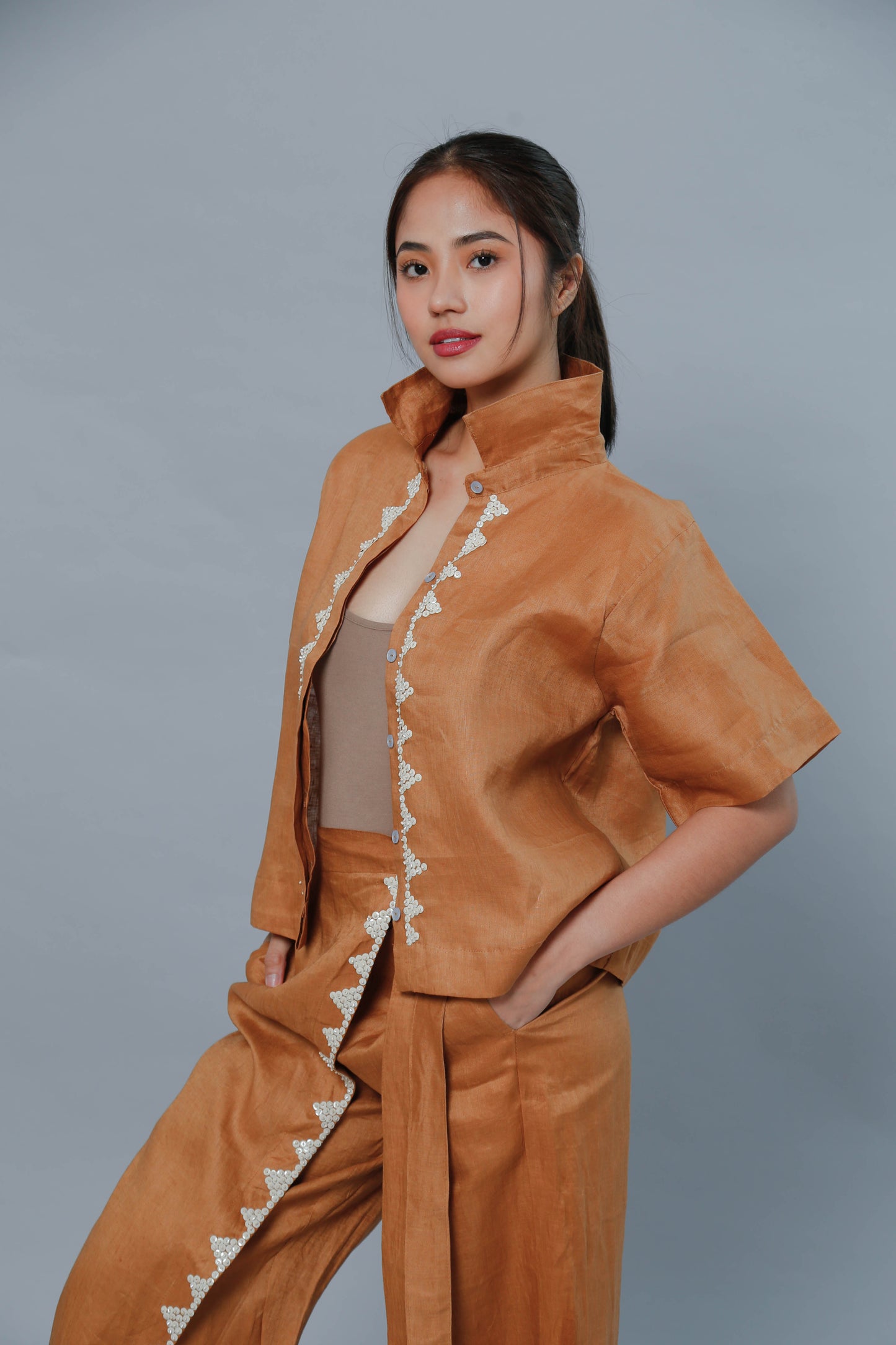 Brown Lakwatsa Linen Coords with Hand Embroidery
