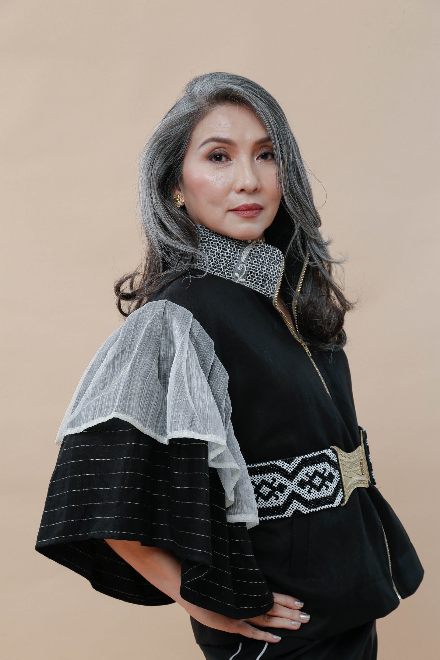 Gantimpala Black Pure Linen in Piña Calado of Lumban