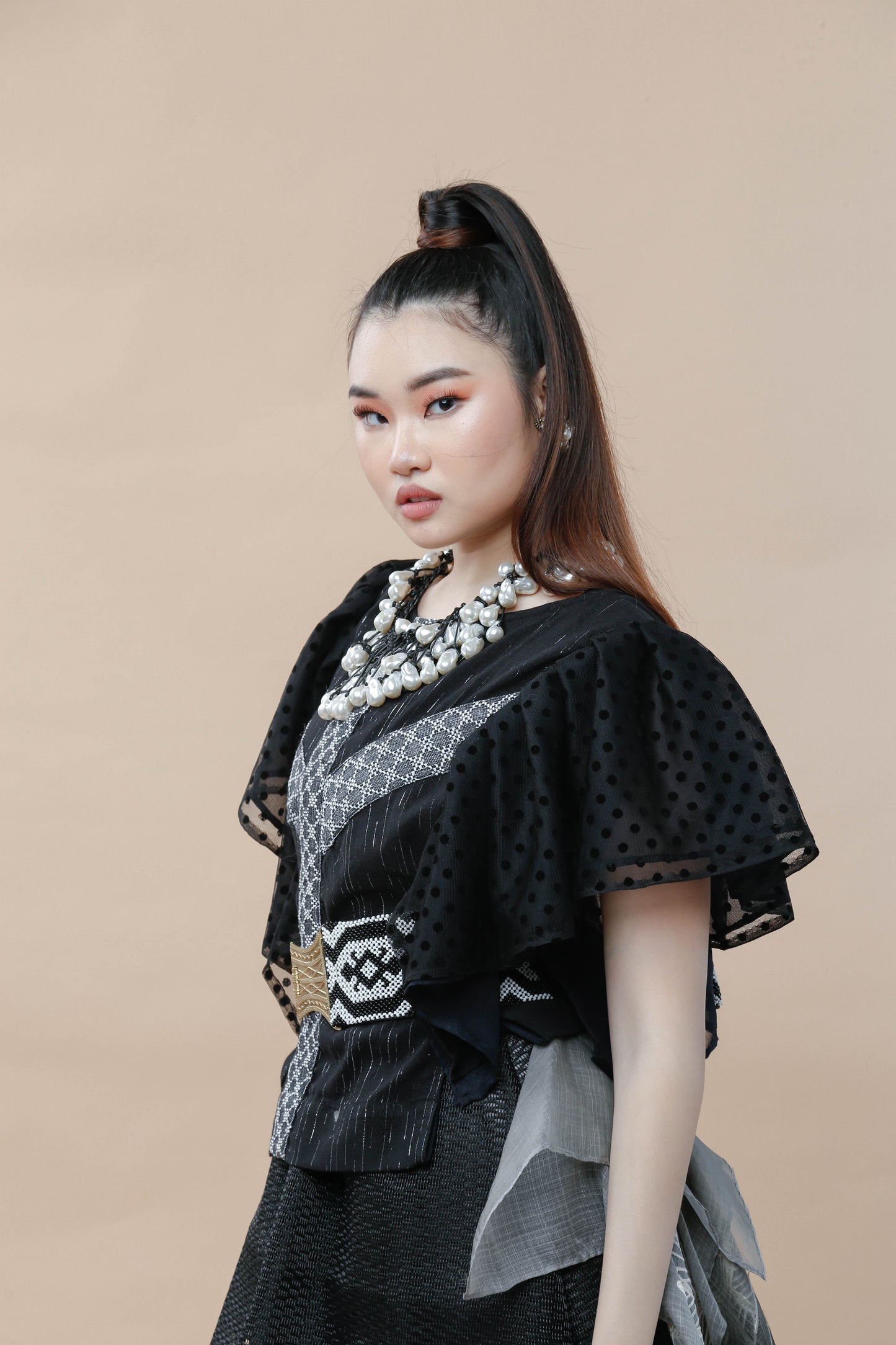 Kundiman Black Bib with Ruffled Sleeves