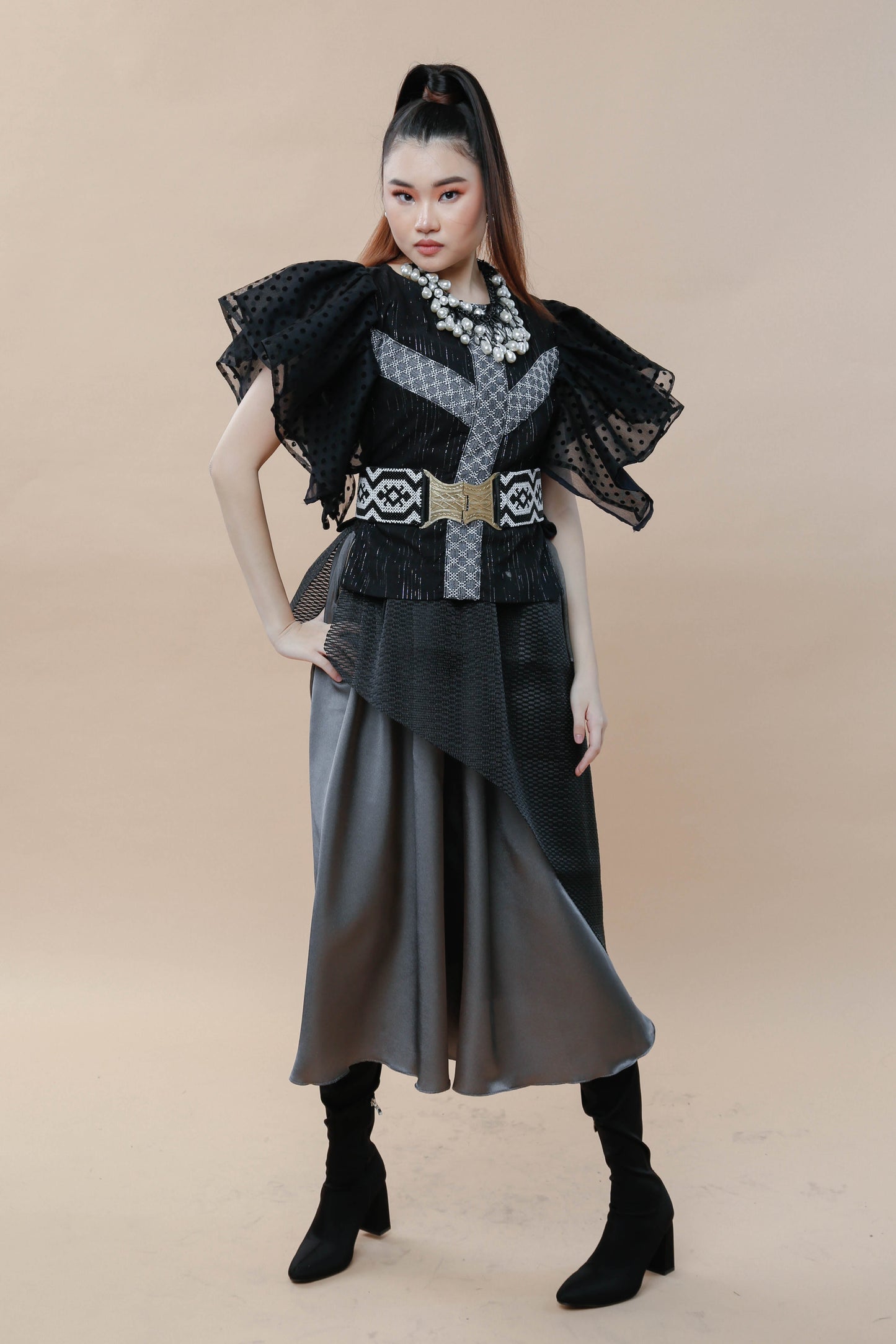 Kundiman Black Bib with Ruffled Sleeves