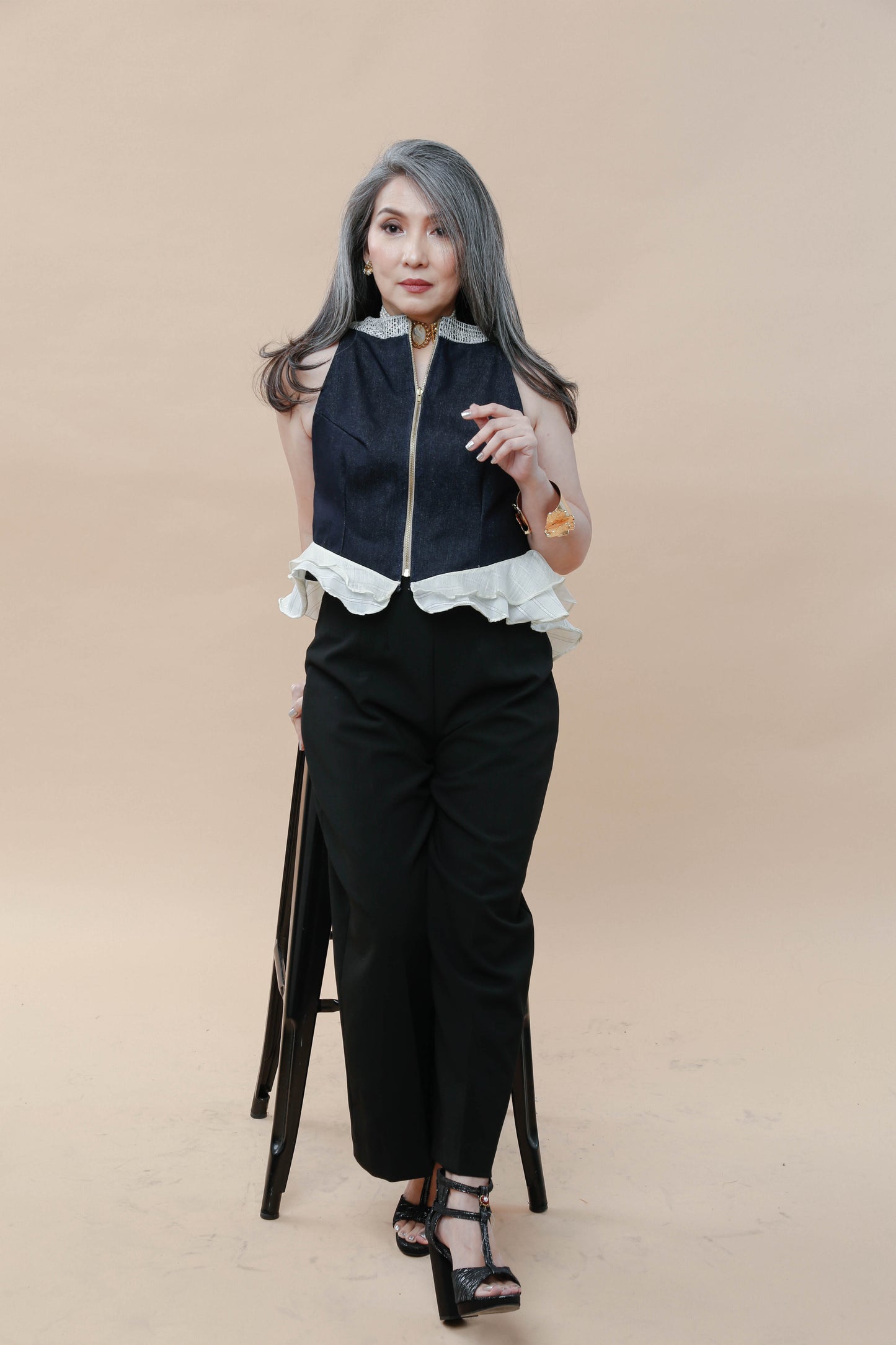 Denim Halter Top Jacket with Piña Callado Collar of Lumban