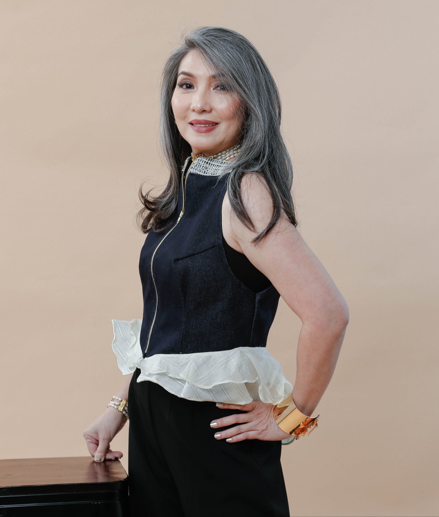 Denim Halter Top Jacket with Piña Callado Collar of Lumban