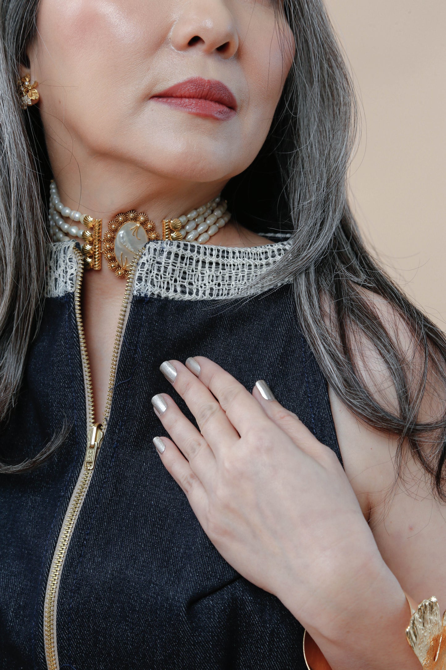 Denim Halter Top Jacket with Piña Callado Collar of Lumban