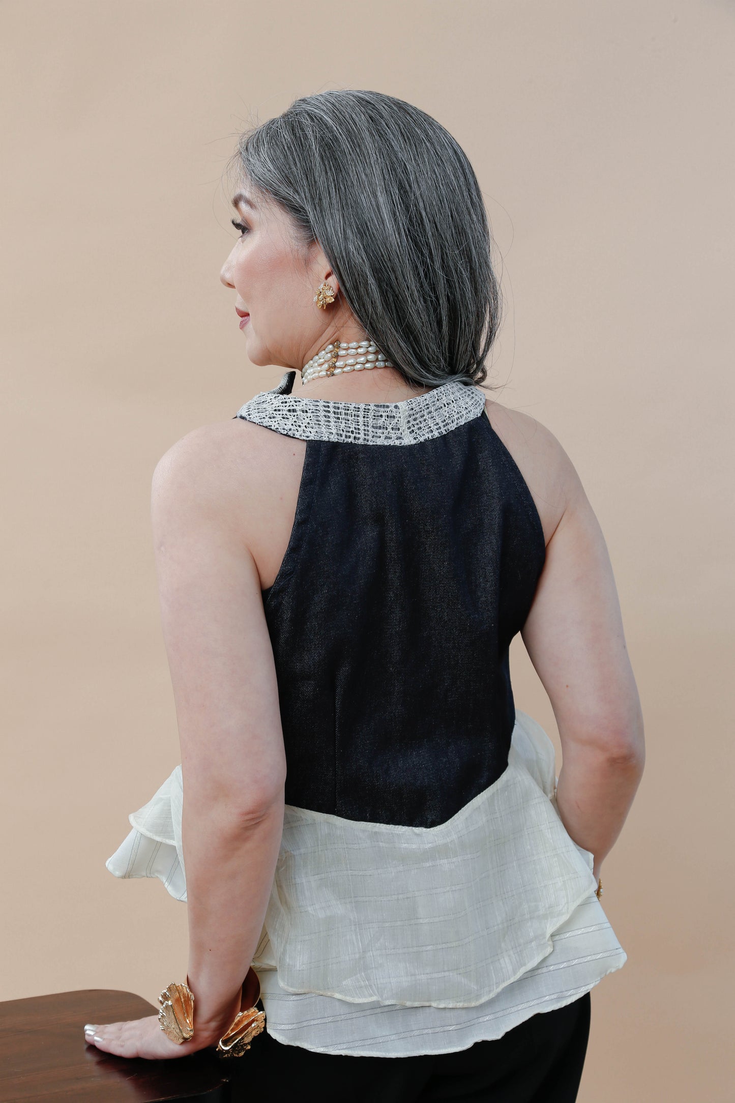 Denim Halter Top Jacket with Piña Callado Collar of Lumban