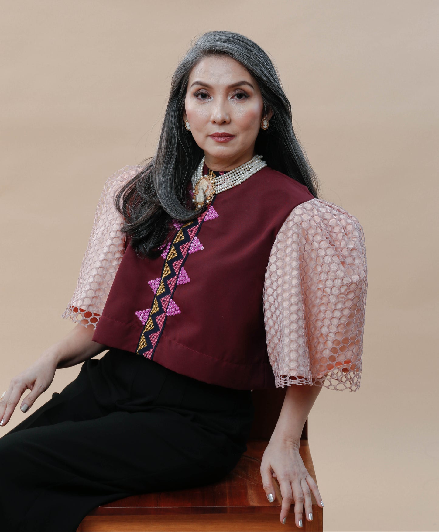 Ambassador Blusa in Maroon Langkit with Net Sleeves
