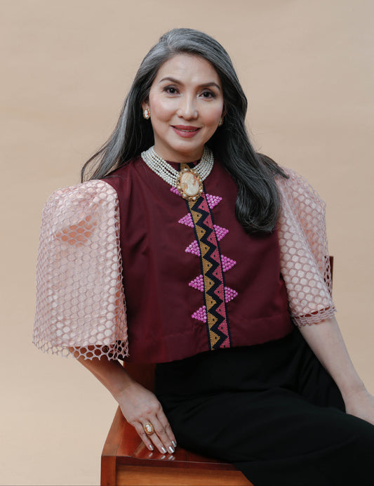 Ambassador Blusa in Maroon Langkit with Net Sleeves