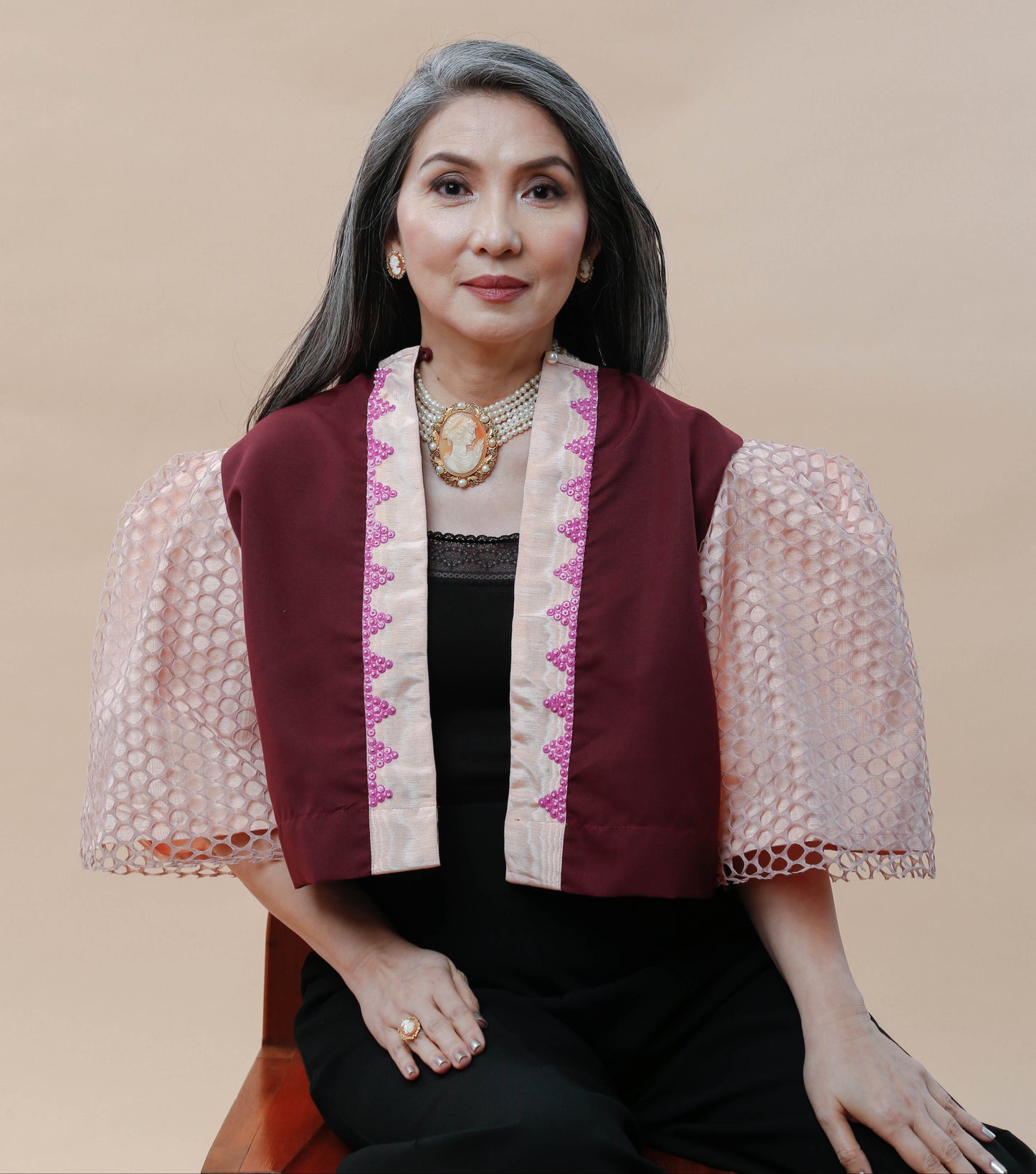 Ambassador Blusa in Maroon Langkit with Net Sleeves