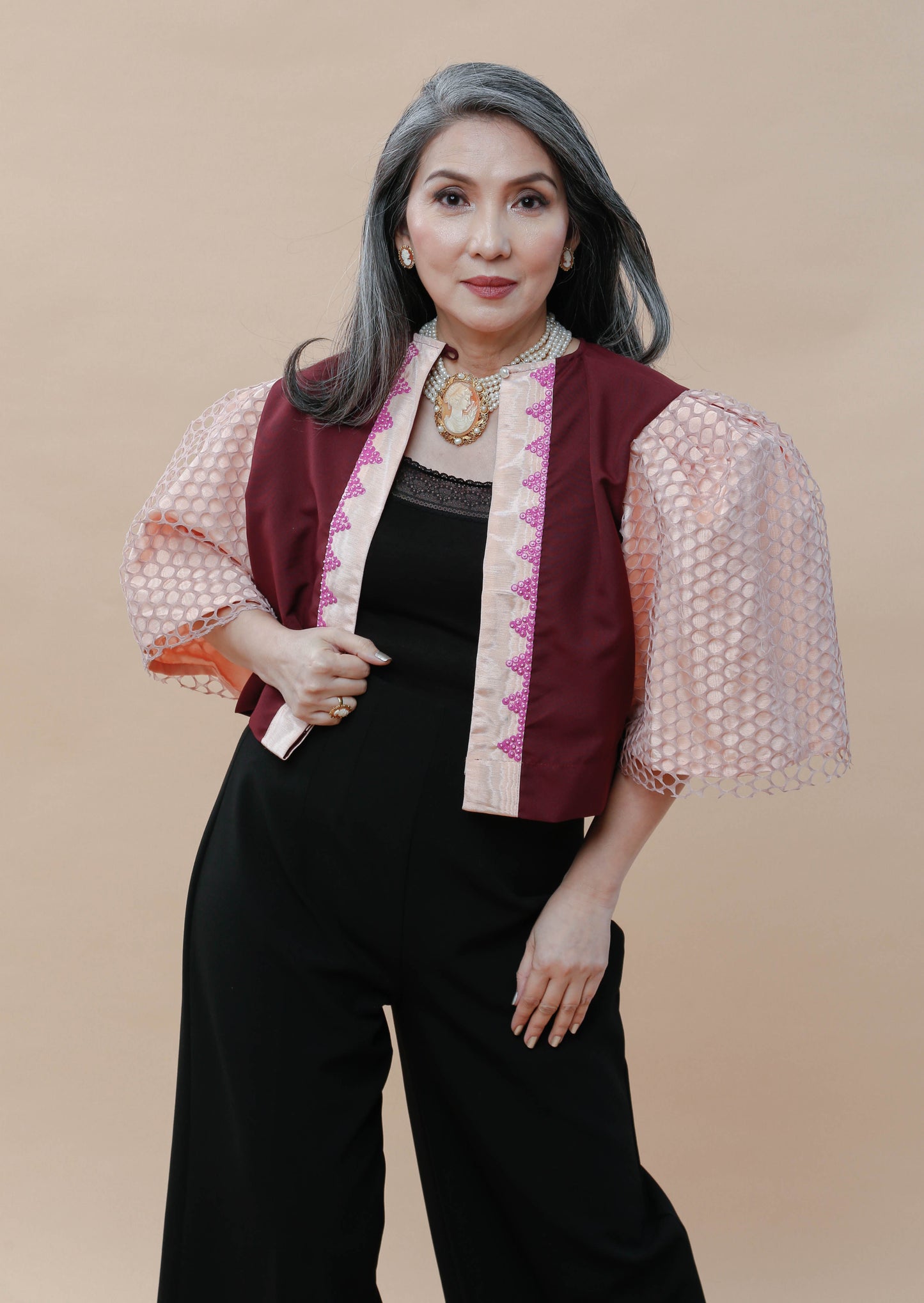 Ambassador Blusa in Maroon Langkit with Net Sleeves