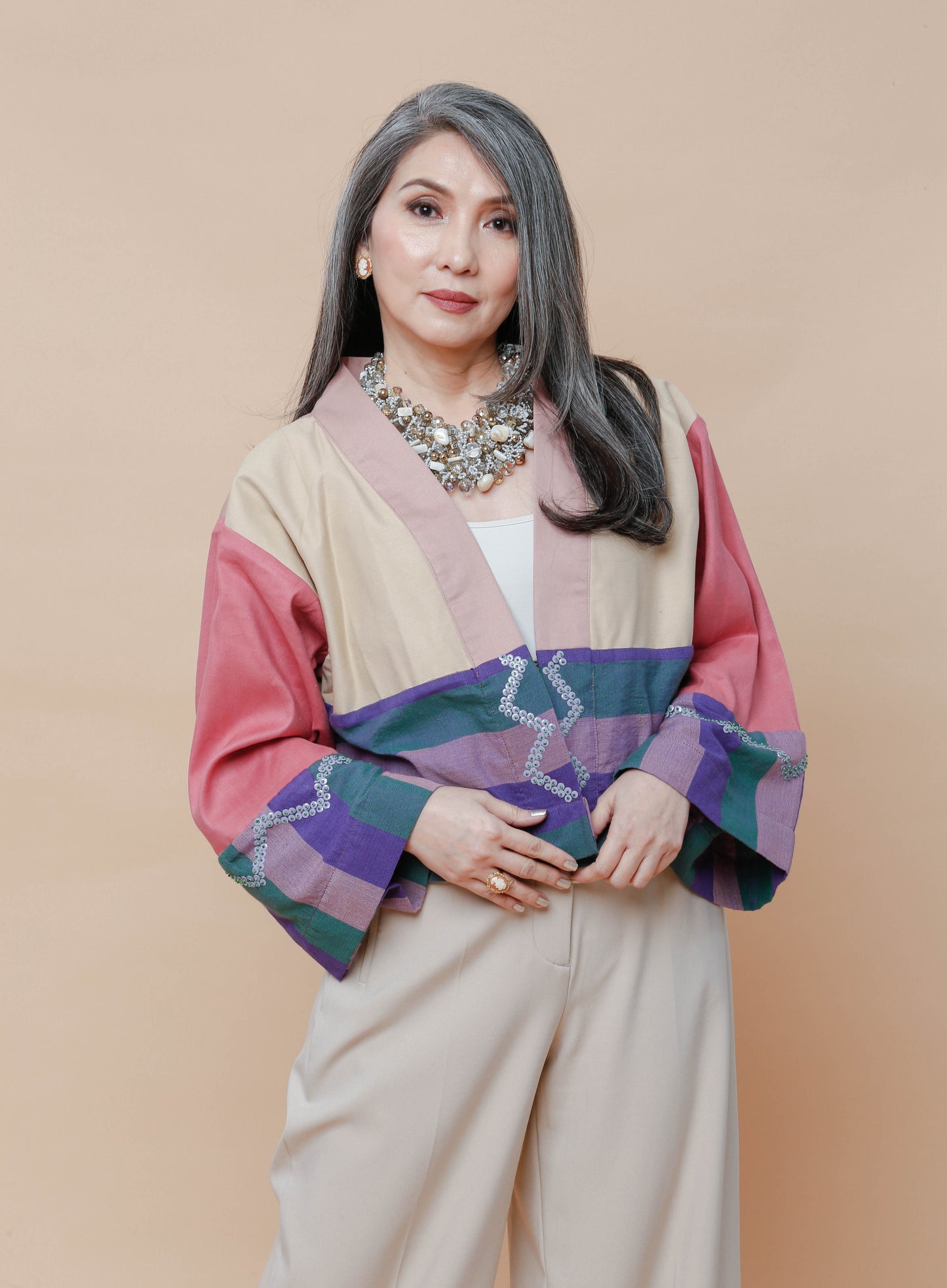 Crop Kimono in Kantarines with Beadworks from Pandi Bulacan