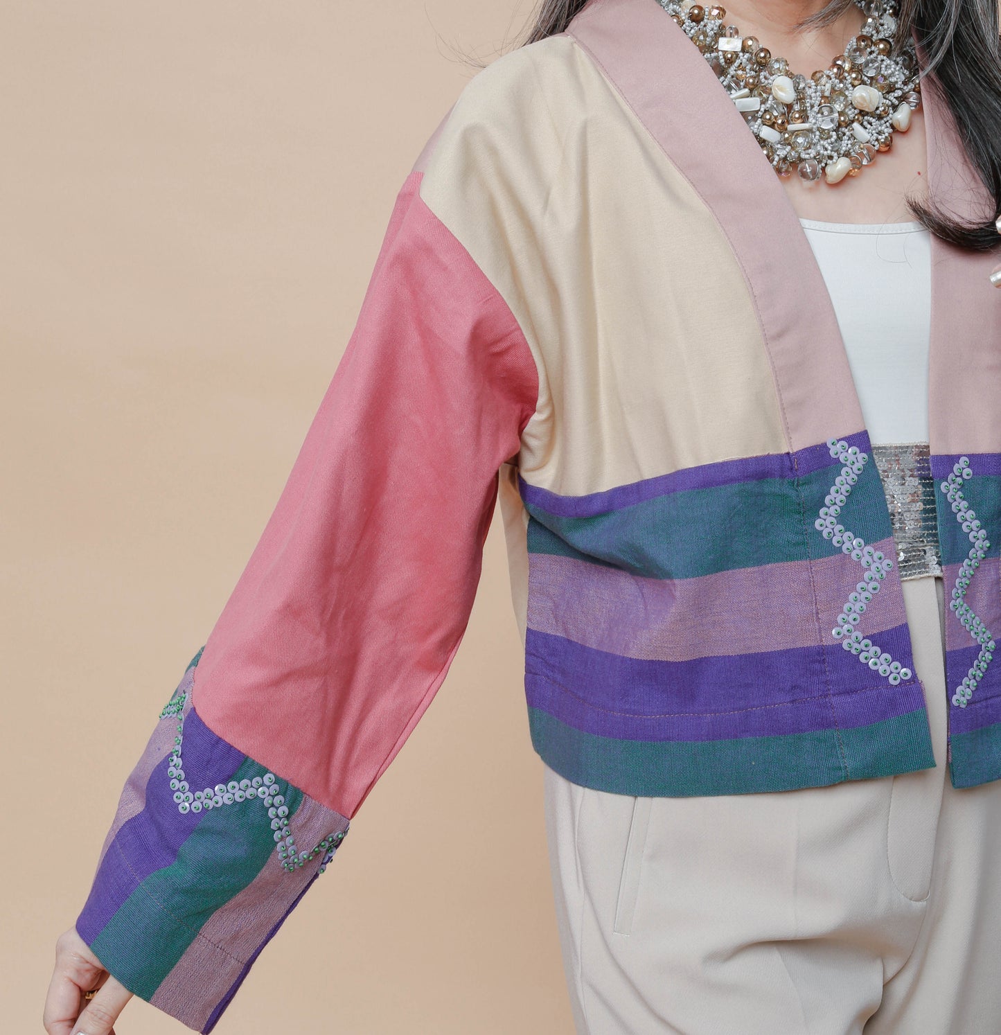 Crop Kimono in Kantarines with Beadworks from Pandi Bulacan