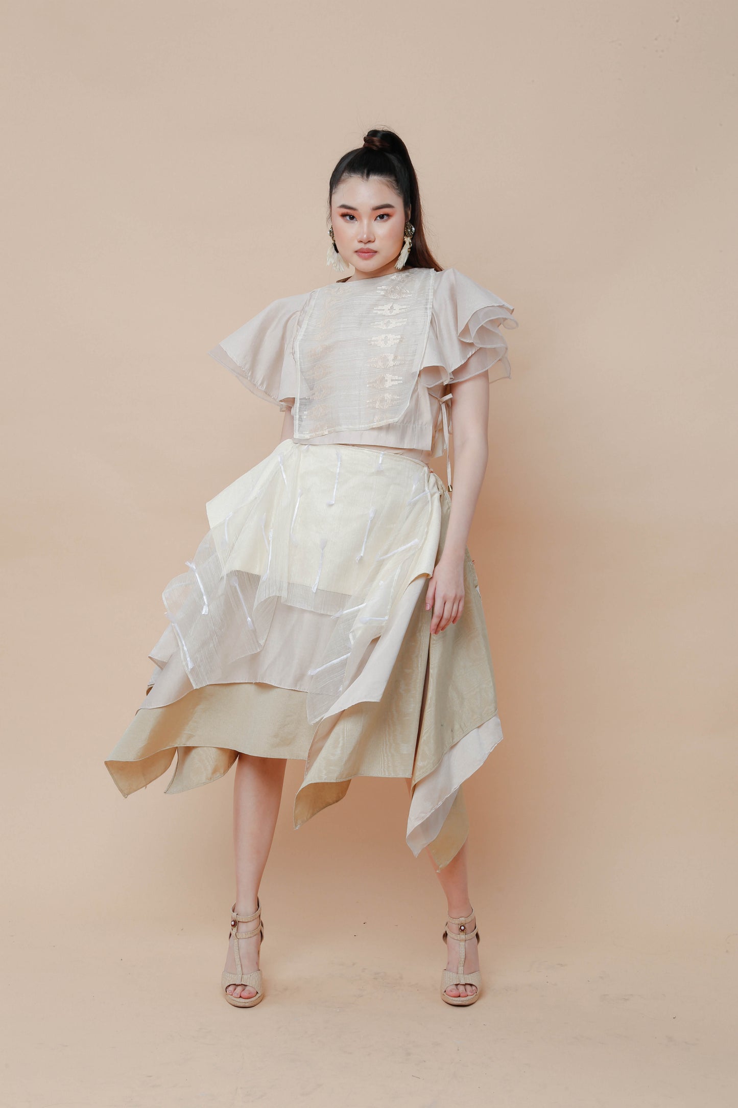 Freestyle Skirt in Kalinga Cream with Piña Candy Wrapper Barong