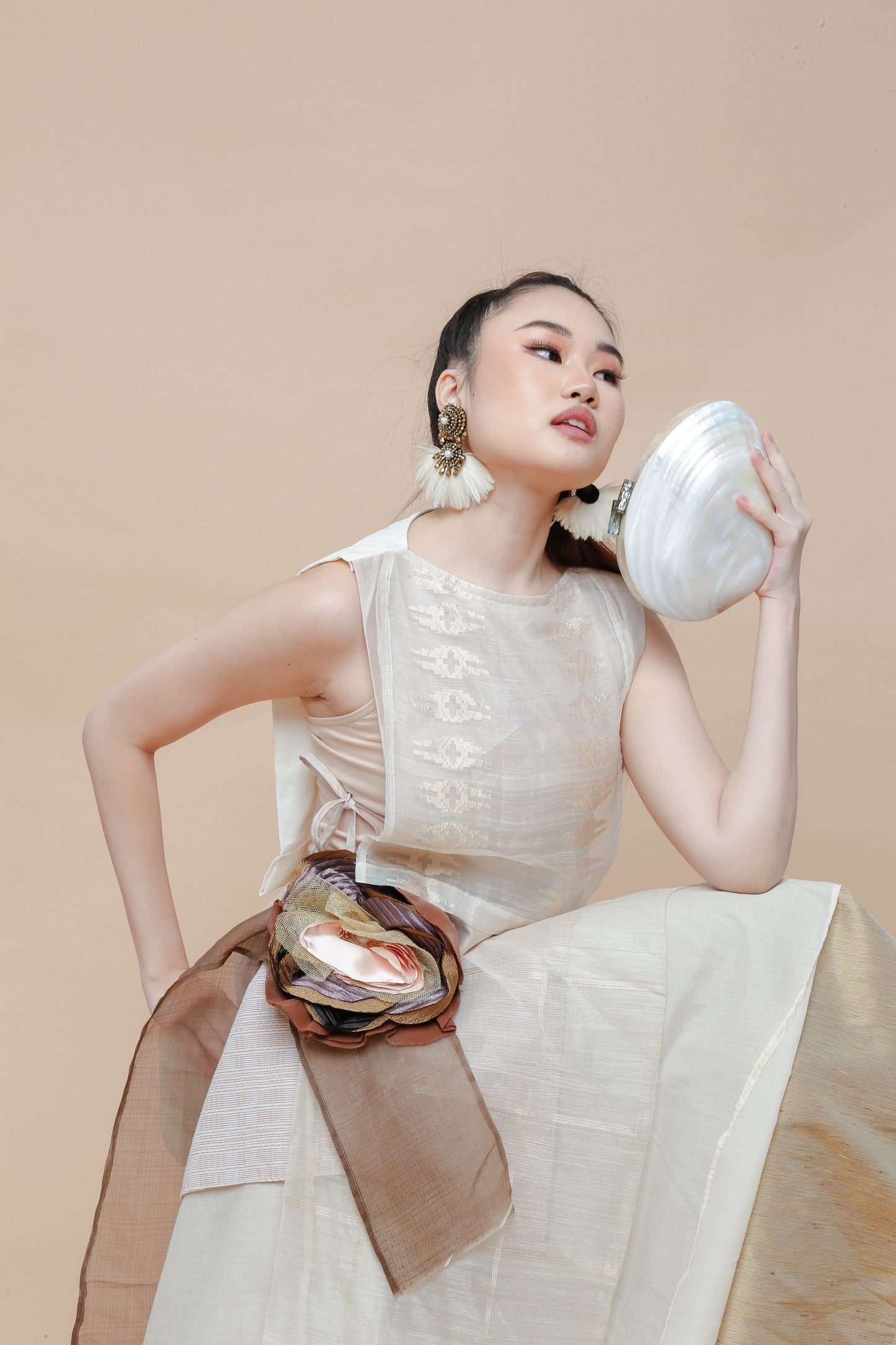 Freestyle Skirt in Barong with Handmade Detachable Floral Corsage