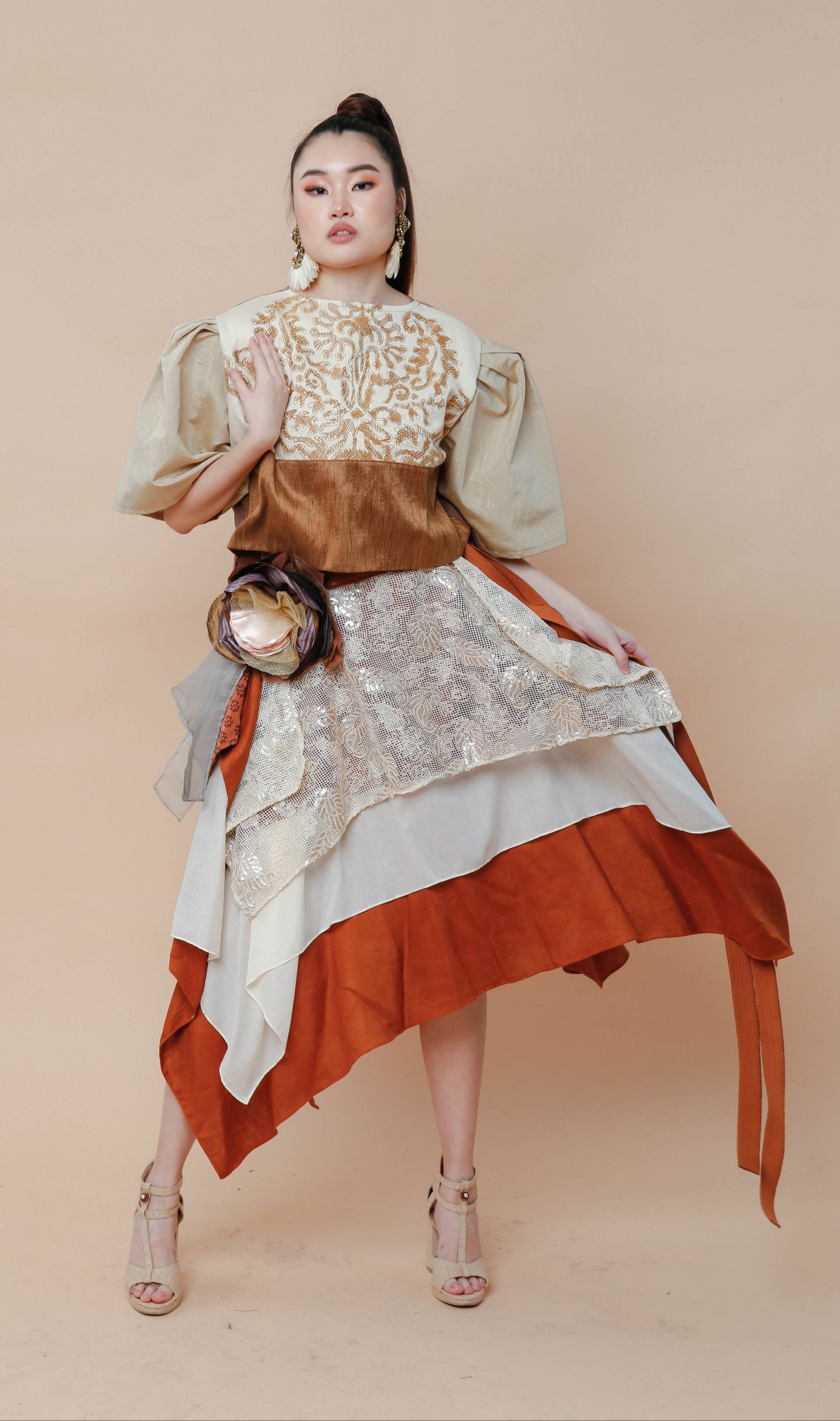 Free Style Burnt Orange Skirt with Detachable Floral Applique