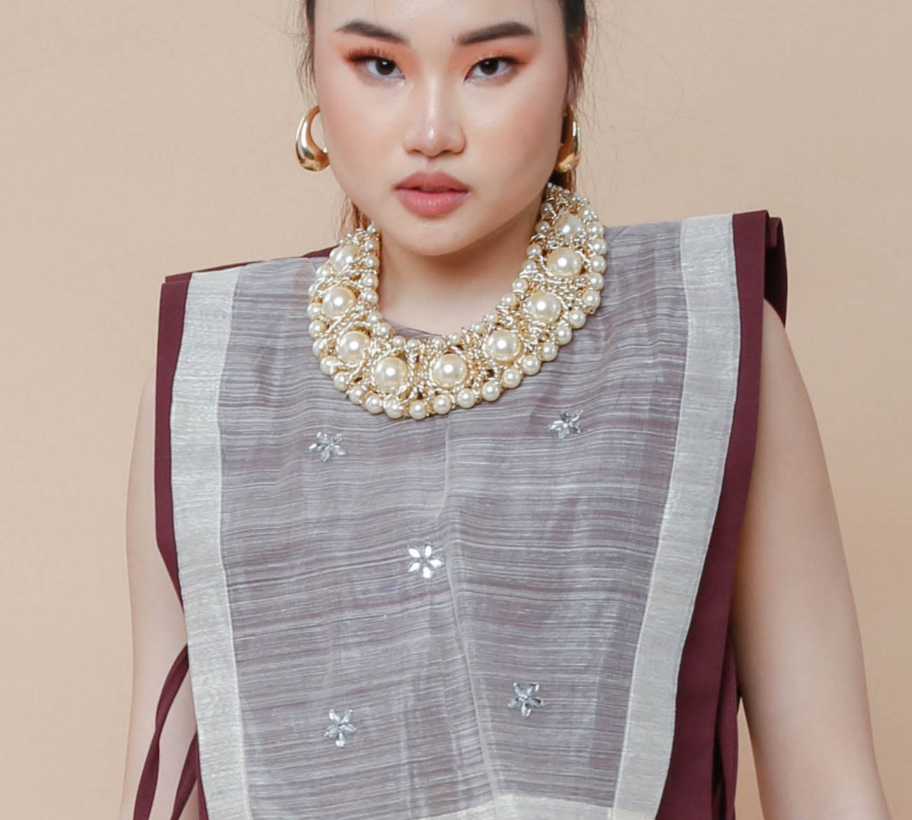 Barong Bib in Maroon with Hand Beaded Appliques