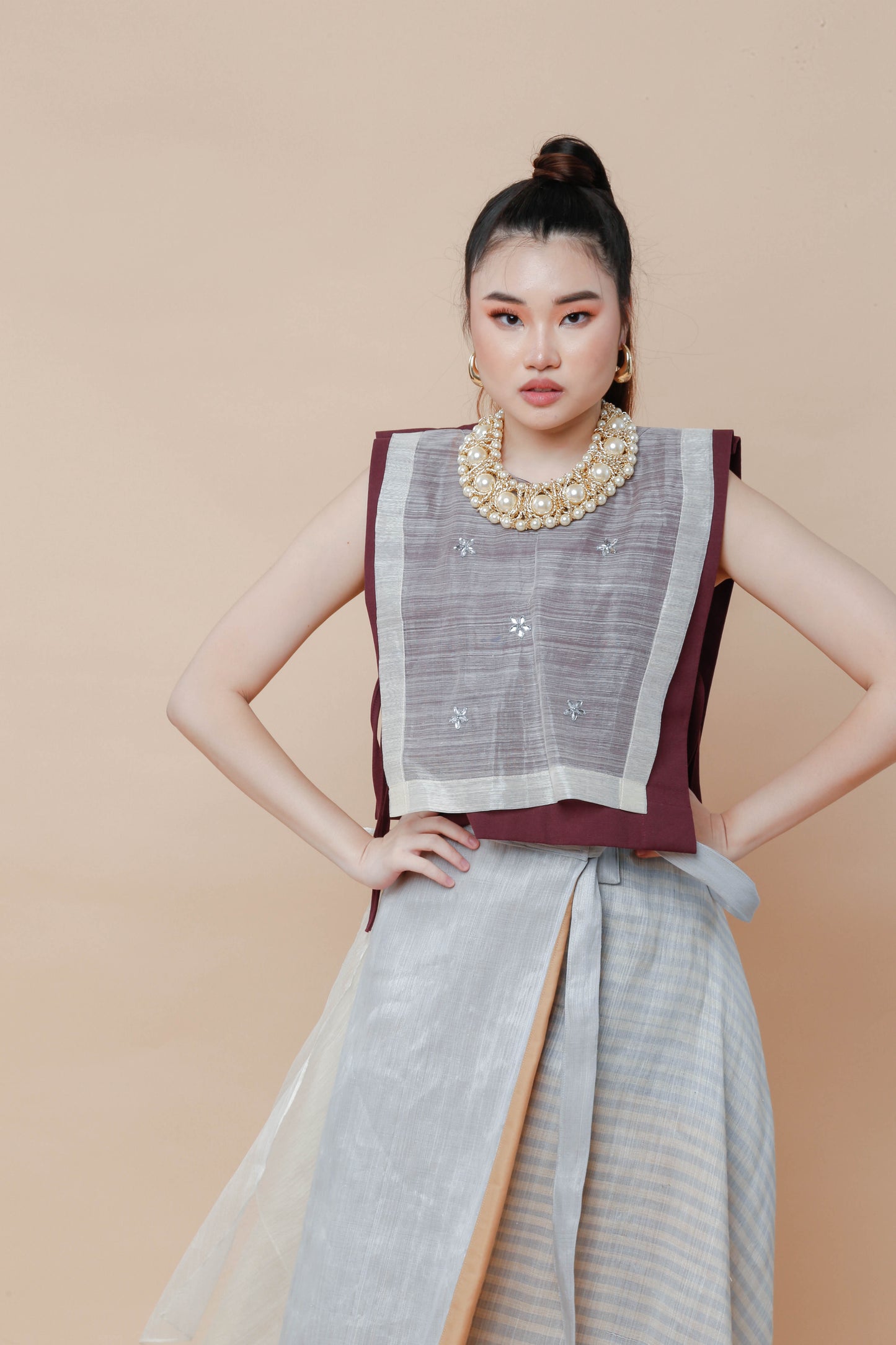 Barong Bib in Maroon with Hand Beaded Appliques