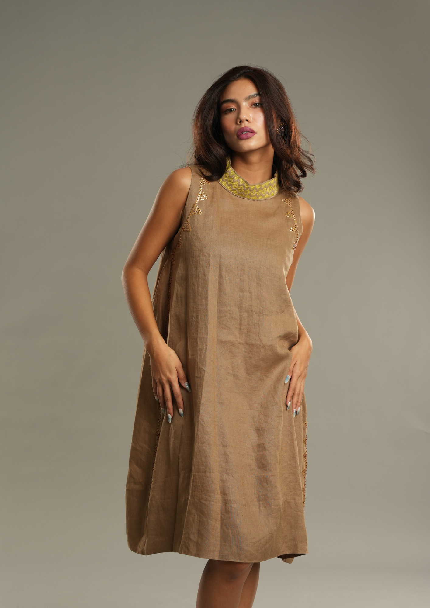 Magandang Hapon Linen Dress in Tan Brown with Langkit Weave of Marawi Pinas Sadya Magandang Hapon Linen Dress in Tan Brown with Langkit Weave of Marawi Pinas Sadya