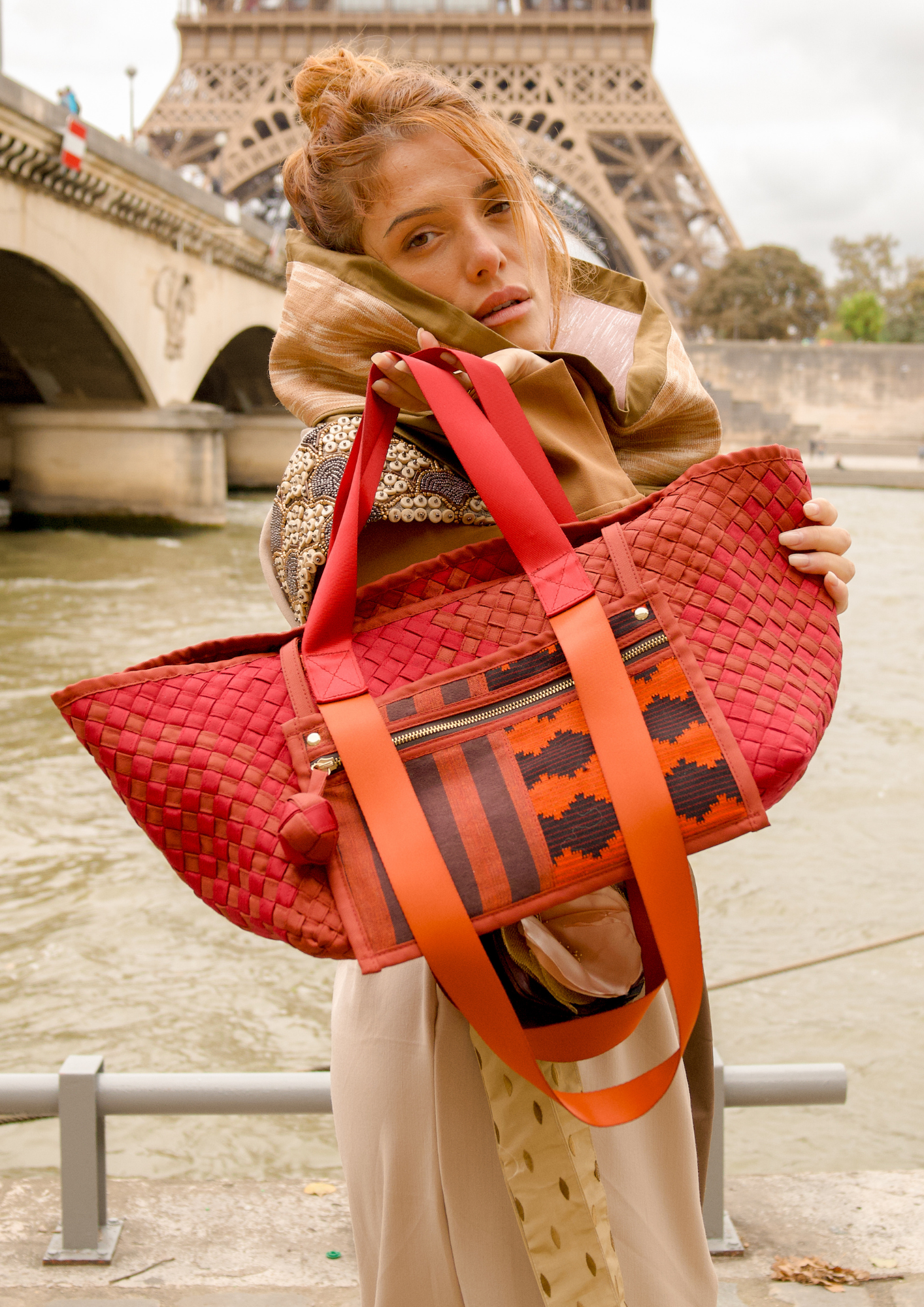 Manila Bag in Red Orange: Handwoven Hand Embroidered Tote Bag