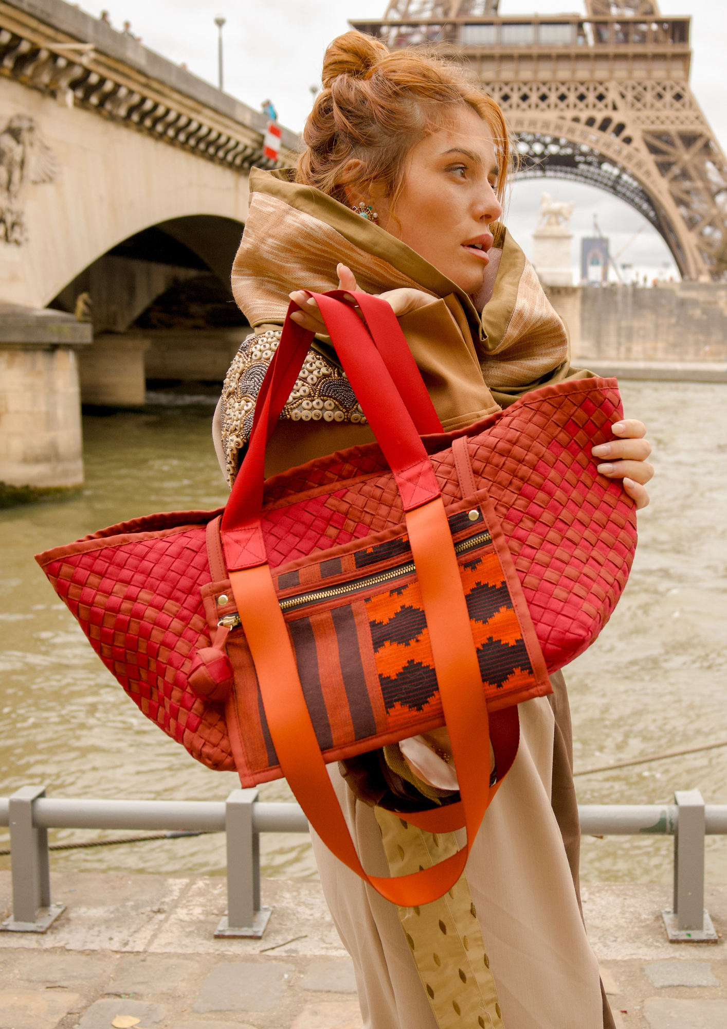 Manila Bag in Red Orange: Handwoven Hand Embroidered Tote Bag