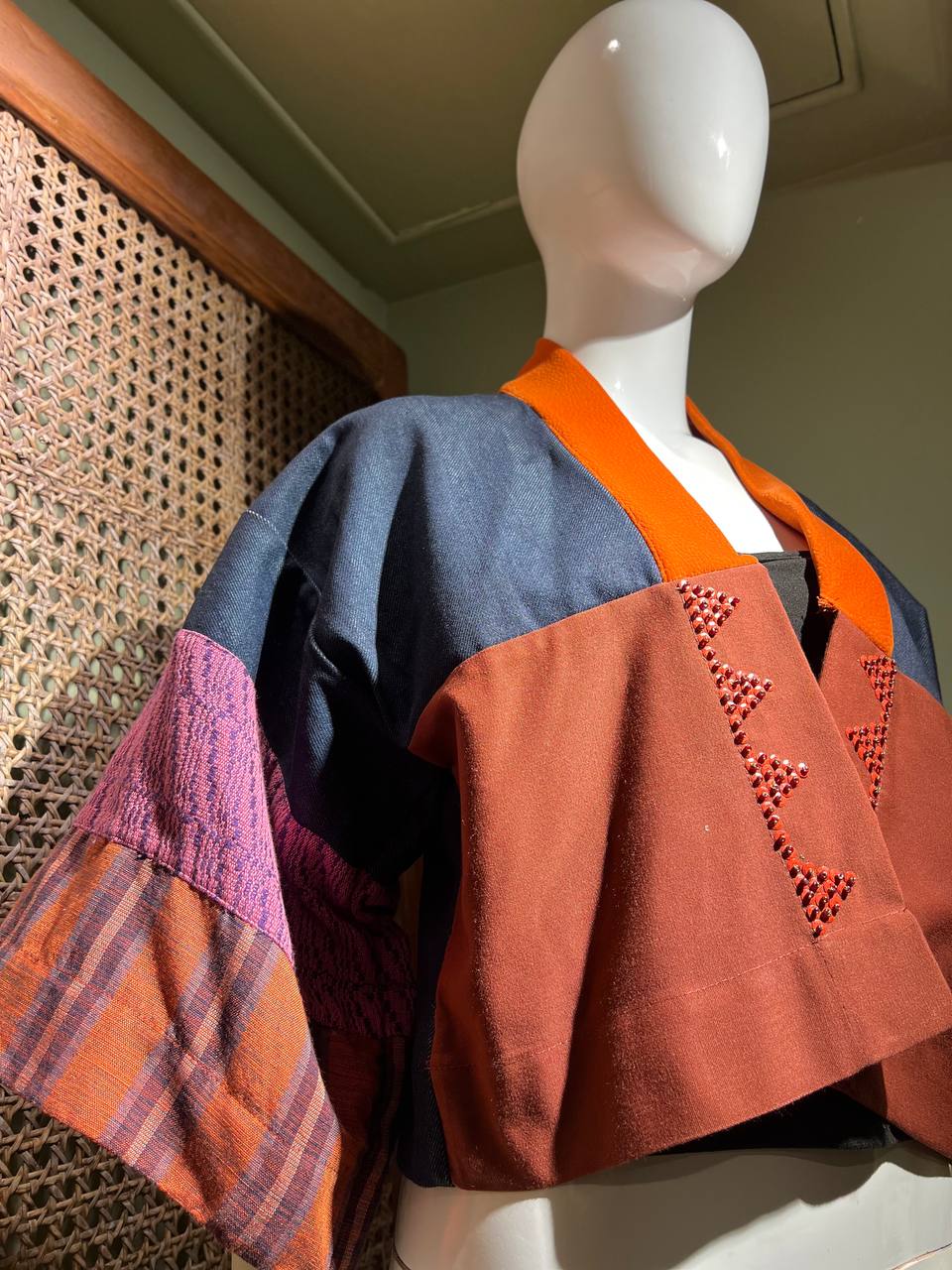 CROP KIMONO IN DENIM BLUE RED ORANGE WITH KANTARINES AND KABANGKALAN