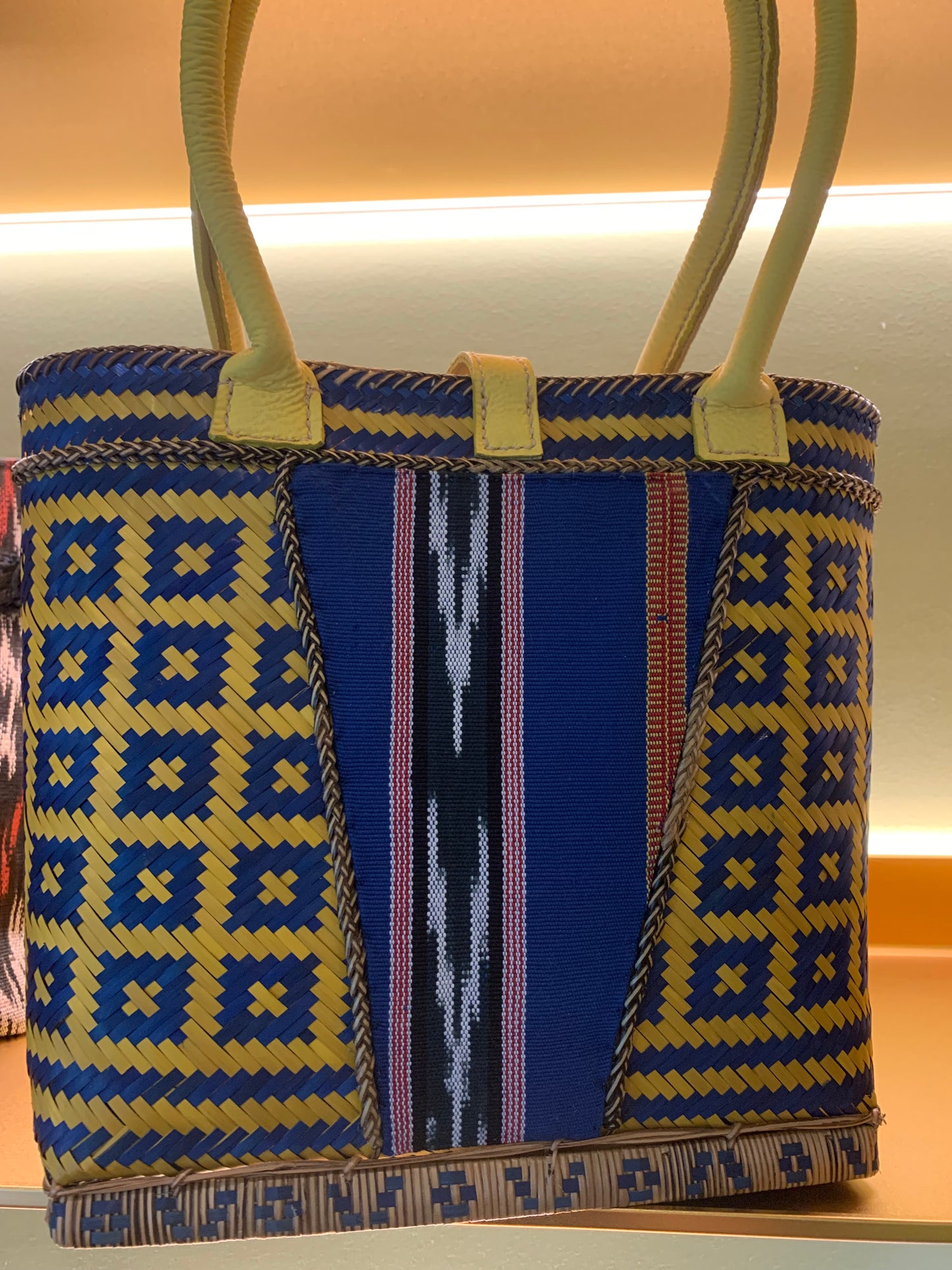 Hand dyed Bamboo Bag by the Teduray Tribe of South Cotabato with Cow Leather, Handsewn Handle with Ikat and Kalinga Weave of Cordillera