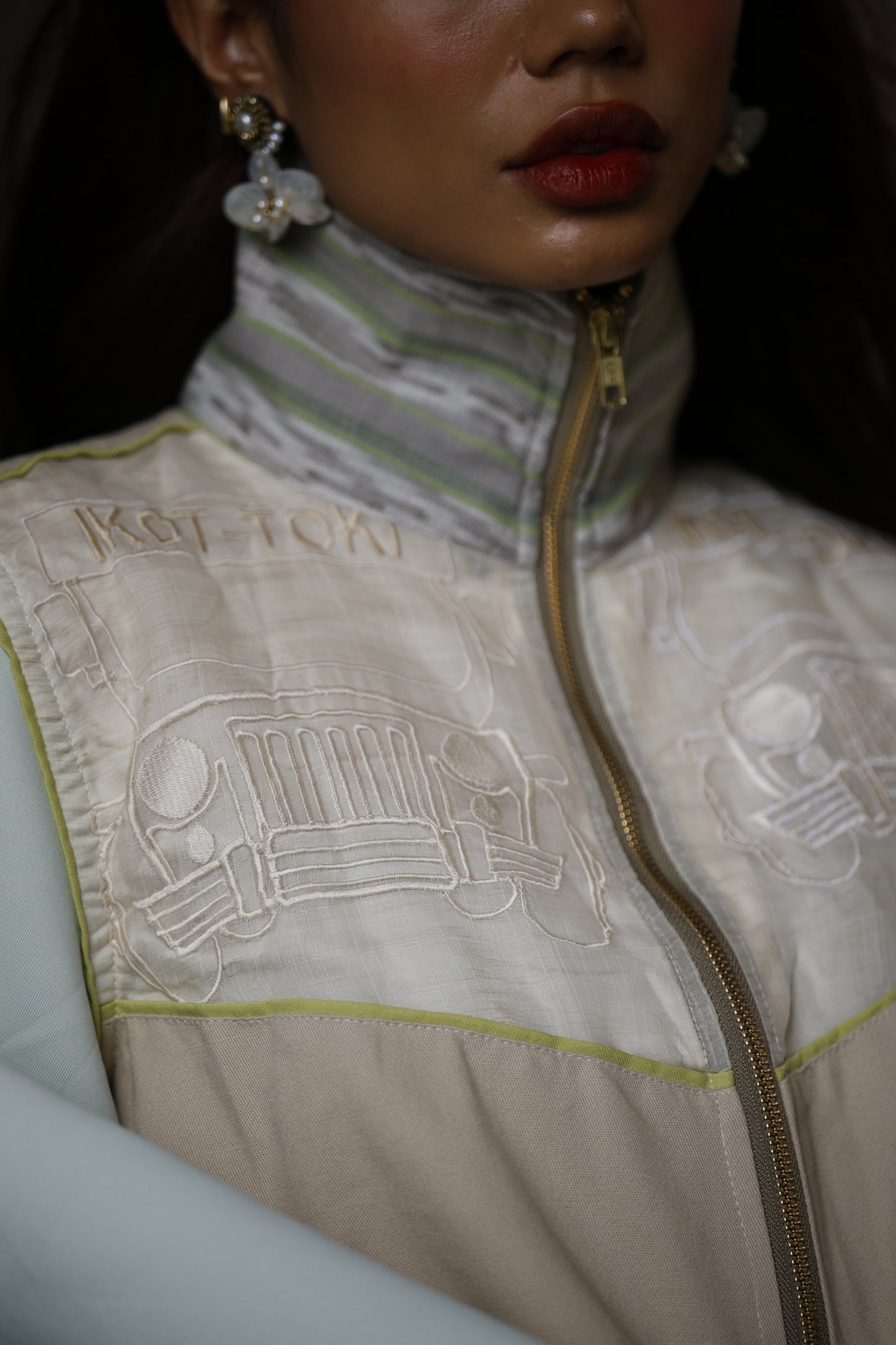 Ikot Toki Bomber Jacket in Mint Green Foamy Sleeves with Ikat