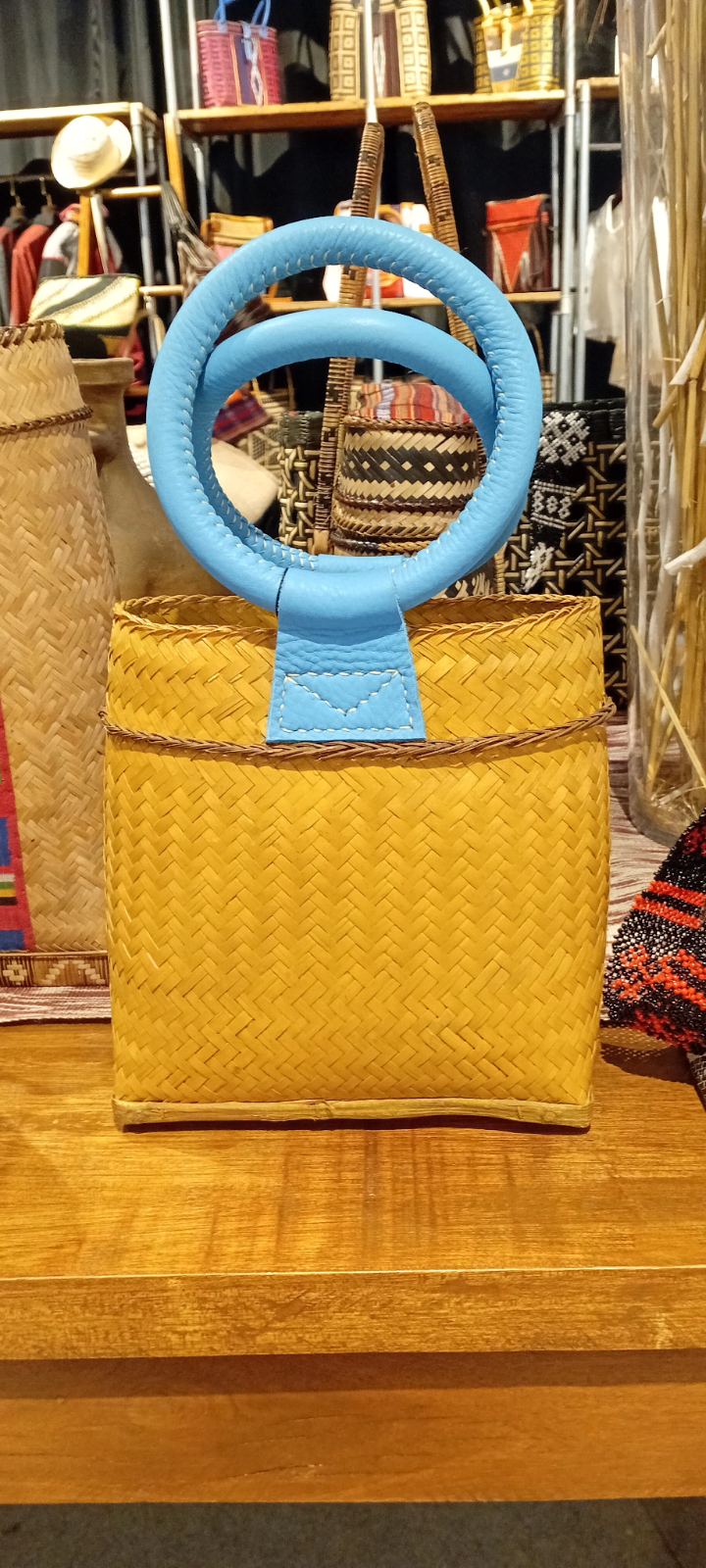 Mangyan Basket Bag with Handsewn Leather Handle and Kalinga Straps