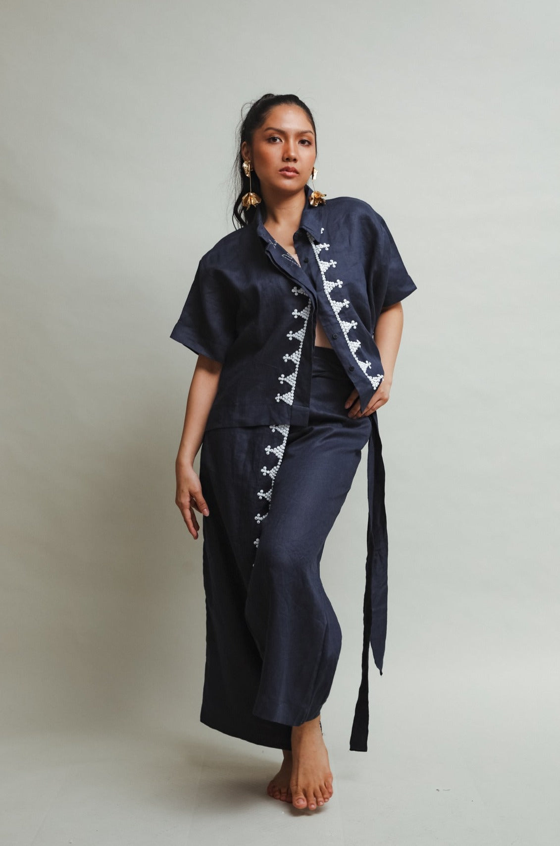 Dark Blue Lakwatsa Linen Coords with Hand Embroidery