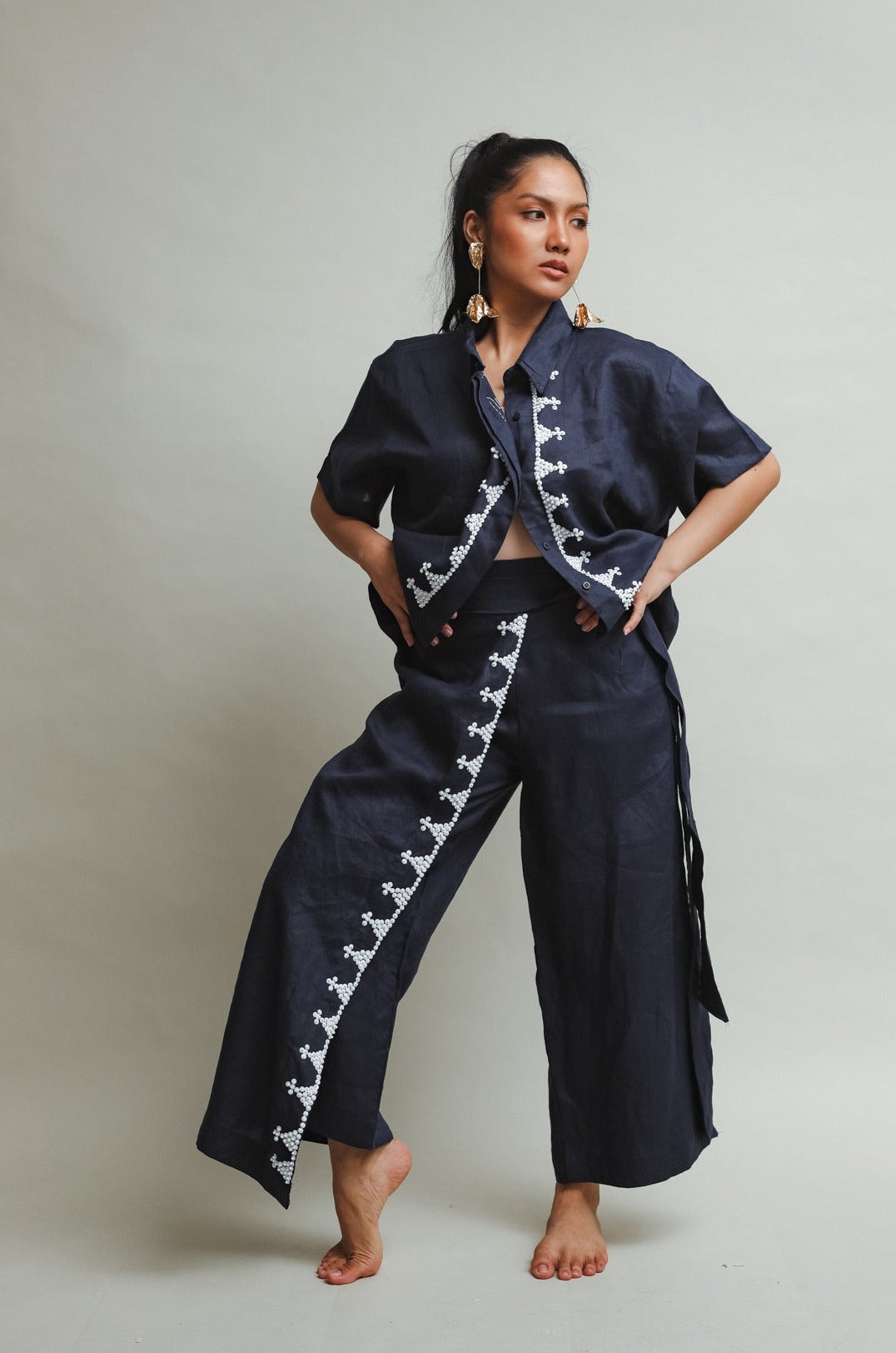 Dark Blue Lakwatsa Linen Coords with Hand Embroidery