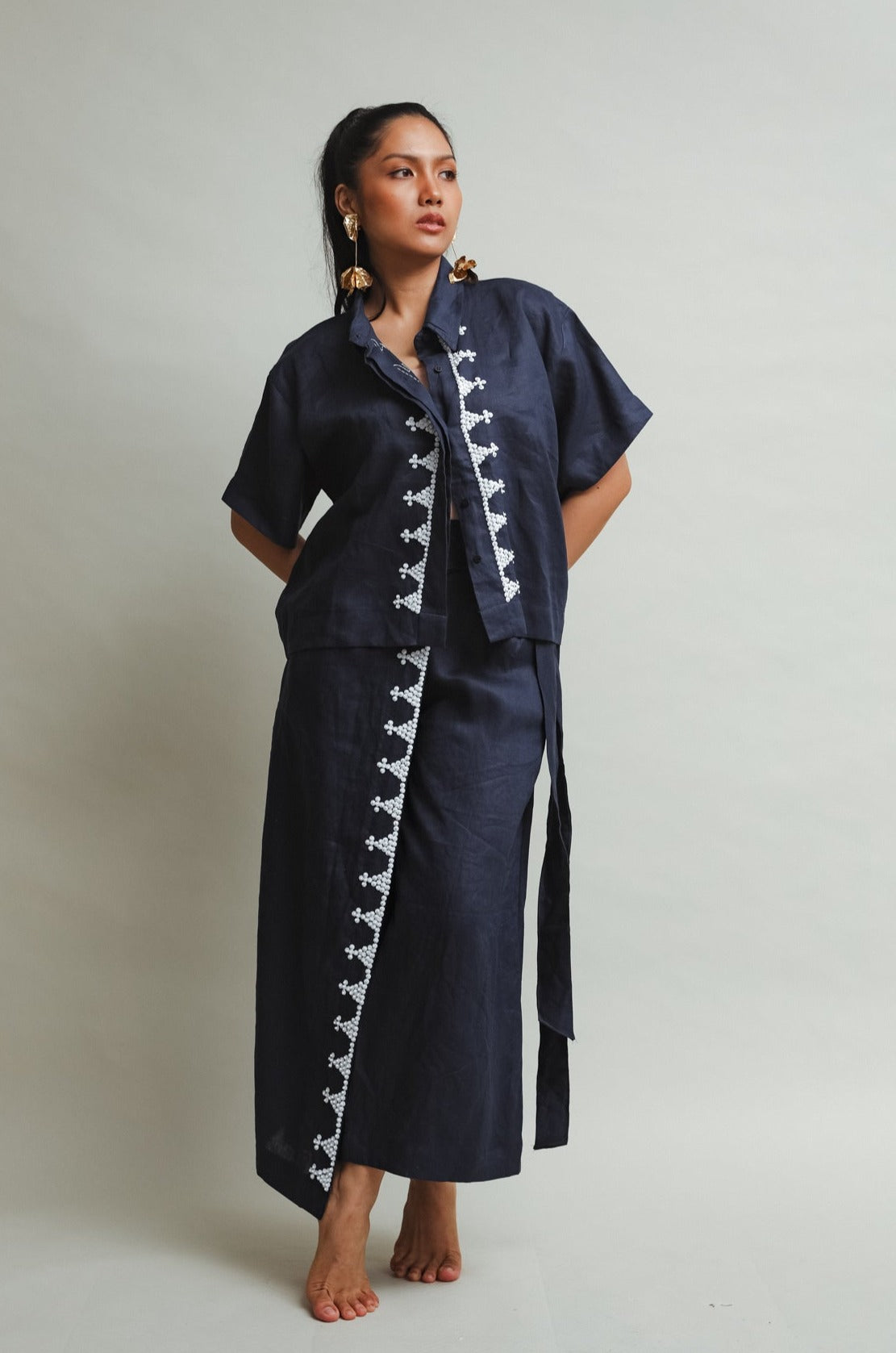 Dark Blue Lakwatsa Linen Coords with Hand Embroidery