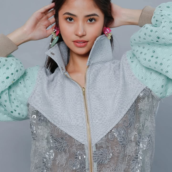 Bida Bida Bomber Jacket with Green Punch hole sleeves in Binakol Weave