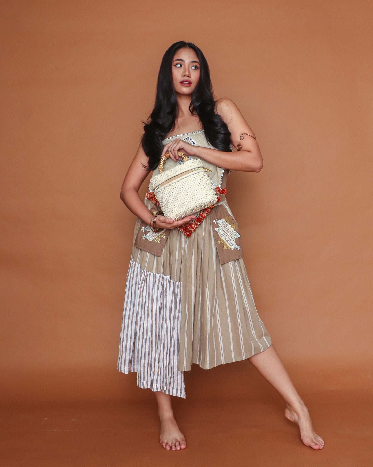 Manila Skirt in Brown Stripes Linen with Yakan Pockets