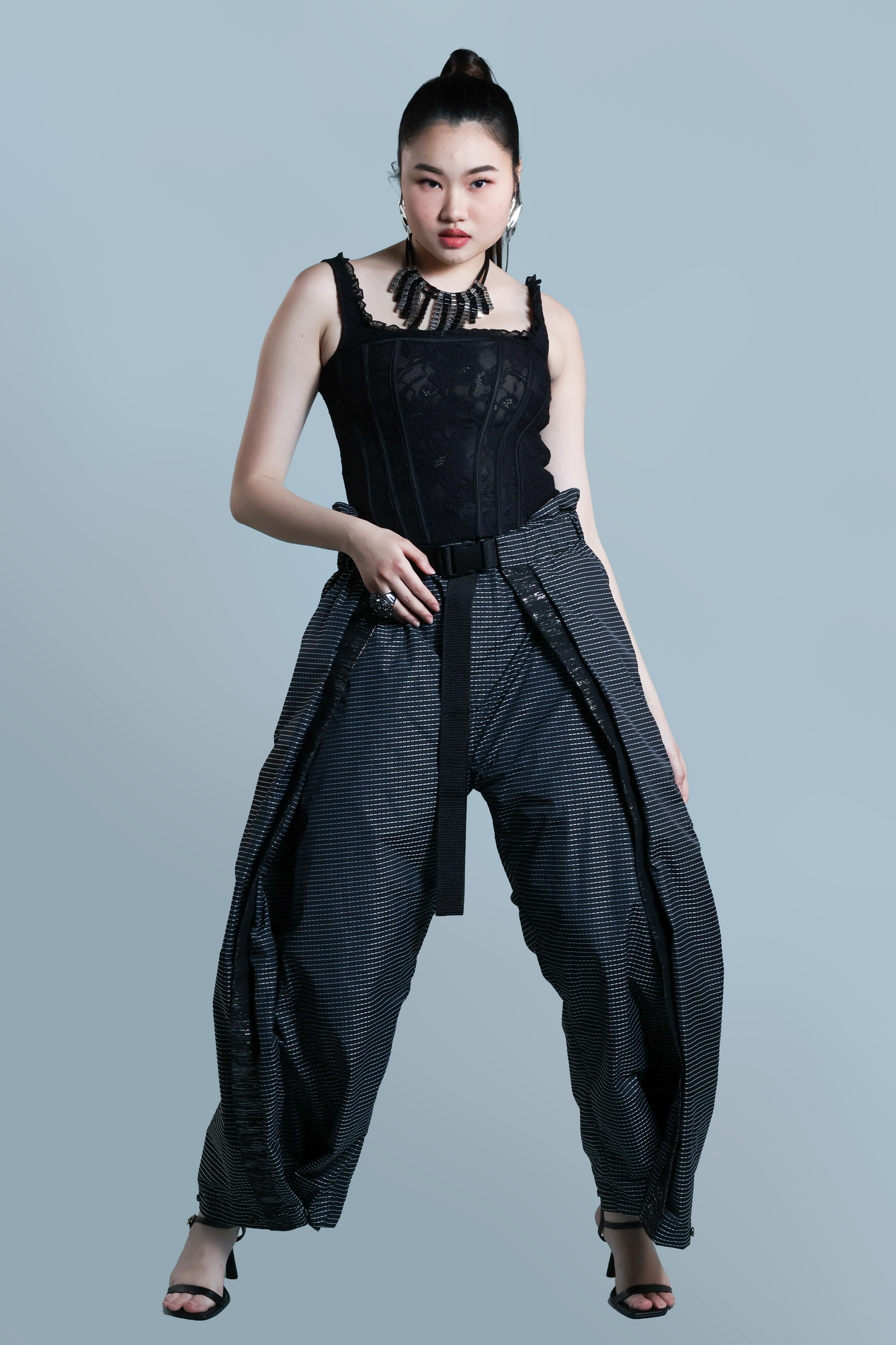 ADJUSTABLE ASTIG BLACK STRIPES PANTS WITH SILVER METALLIC HABLON