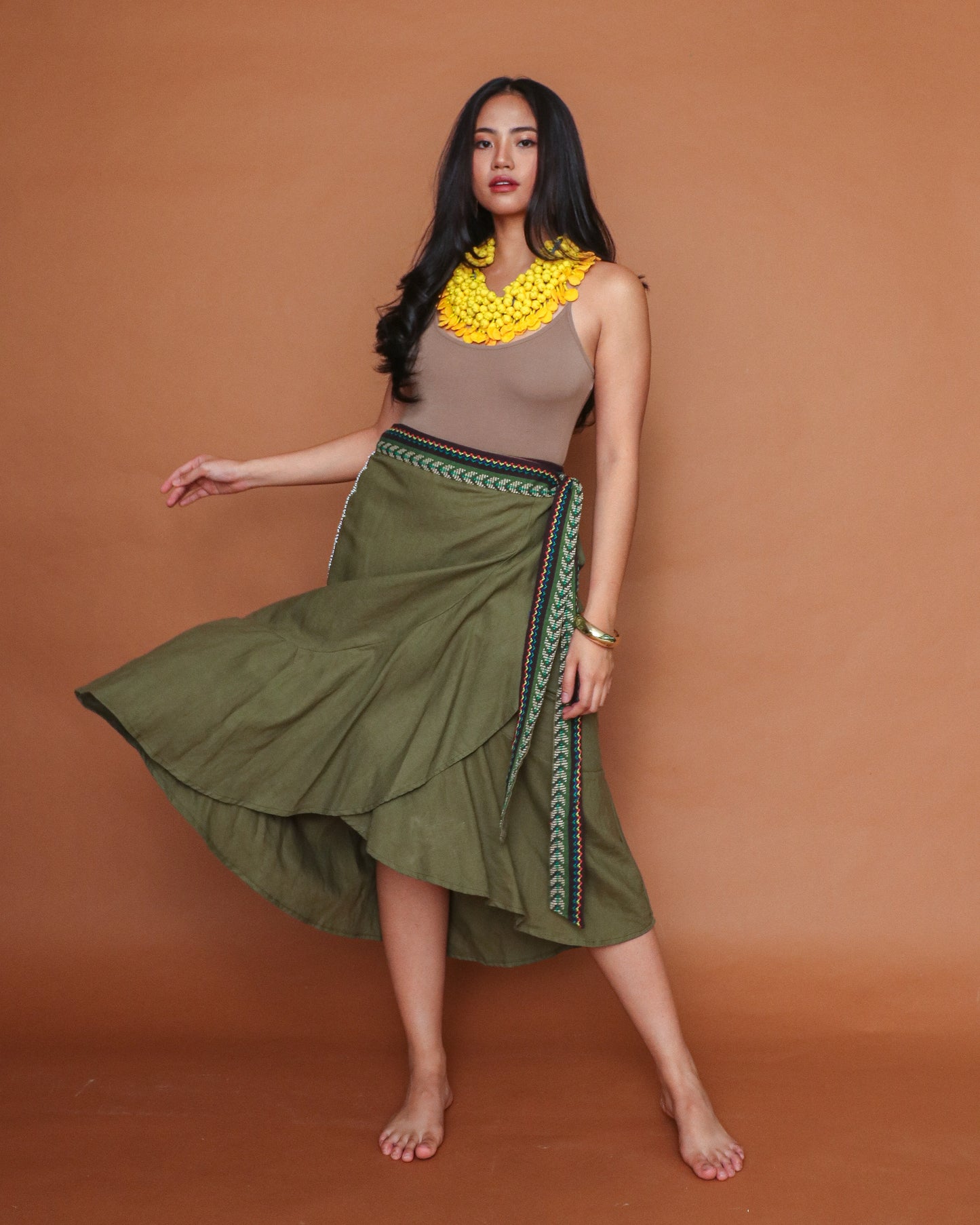 Tanghali Linen Wrap Skirt with Green Ifugao in Olive Green Linen