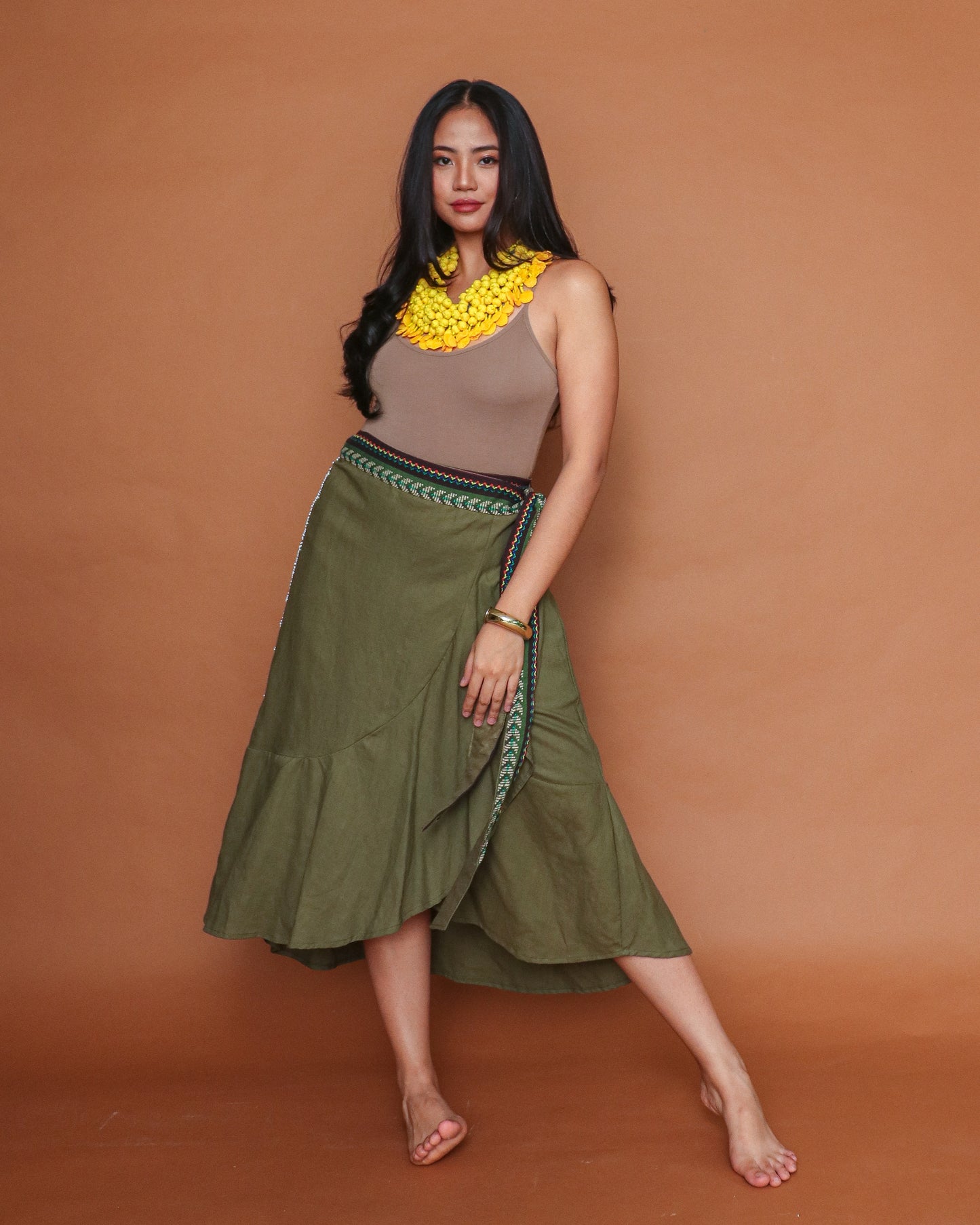 Tanghali Linen Wrap Skirt with Green Ifugao in Olive Green Linen
