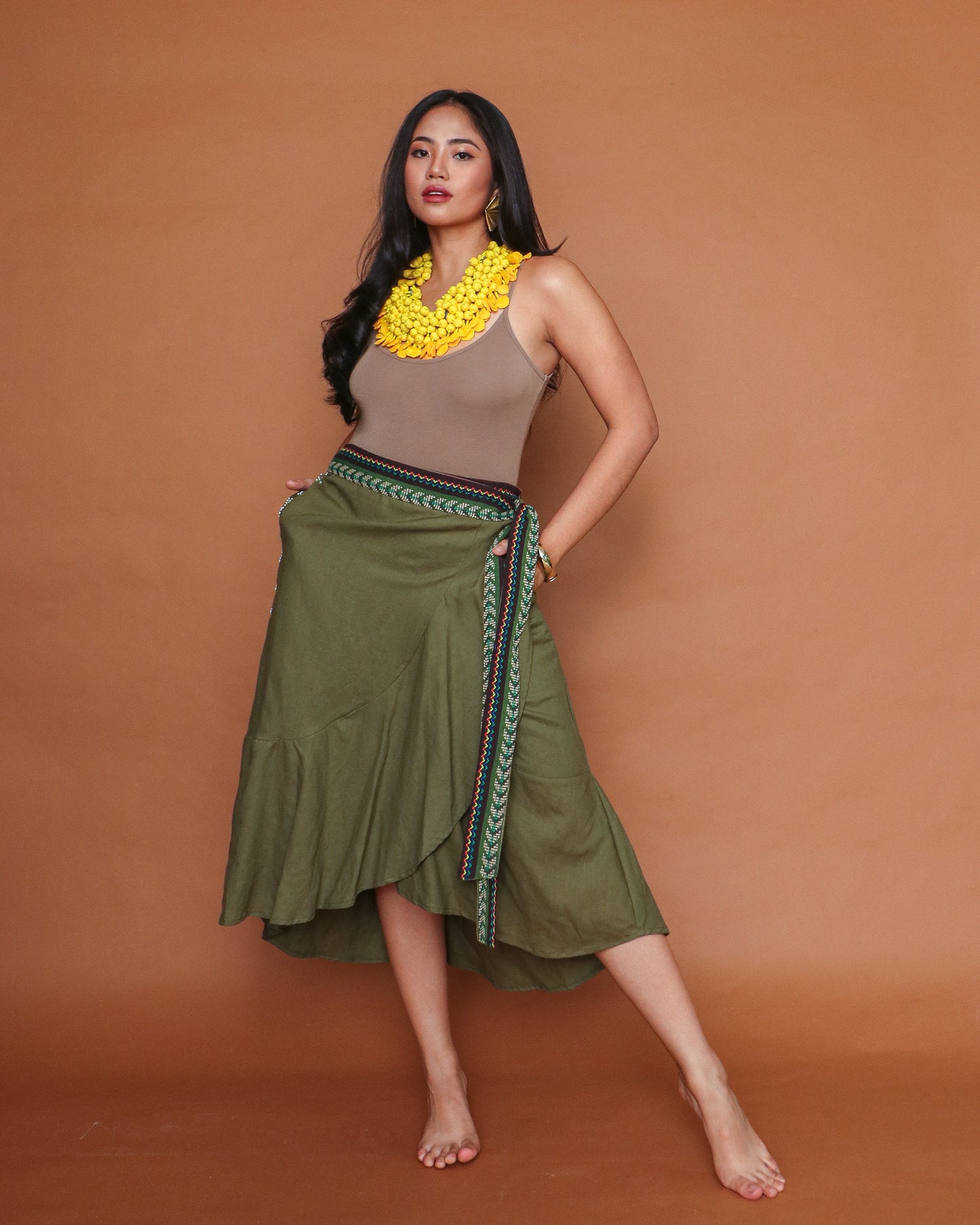 Tanghali Linen Wrap Skirt with Green Ifugao in Olive Green Linen