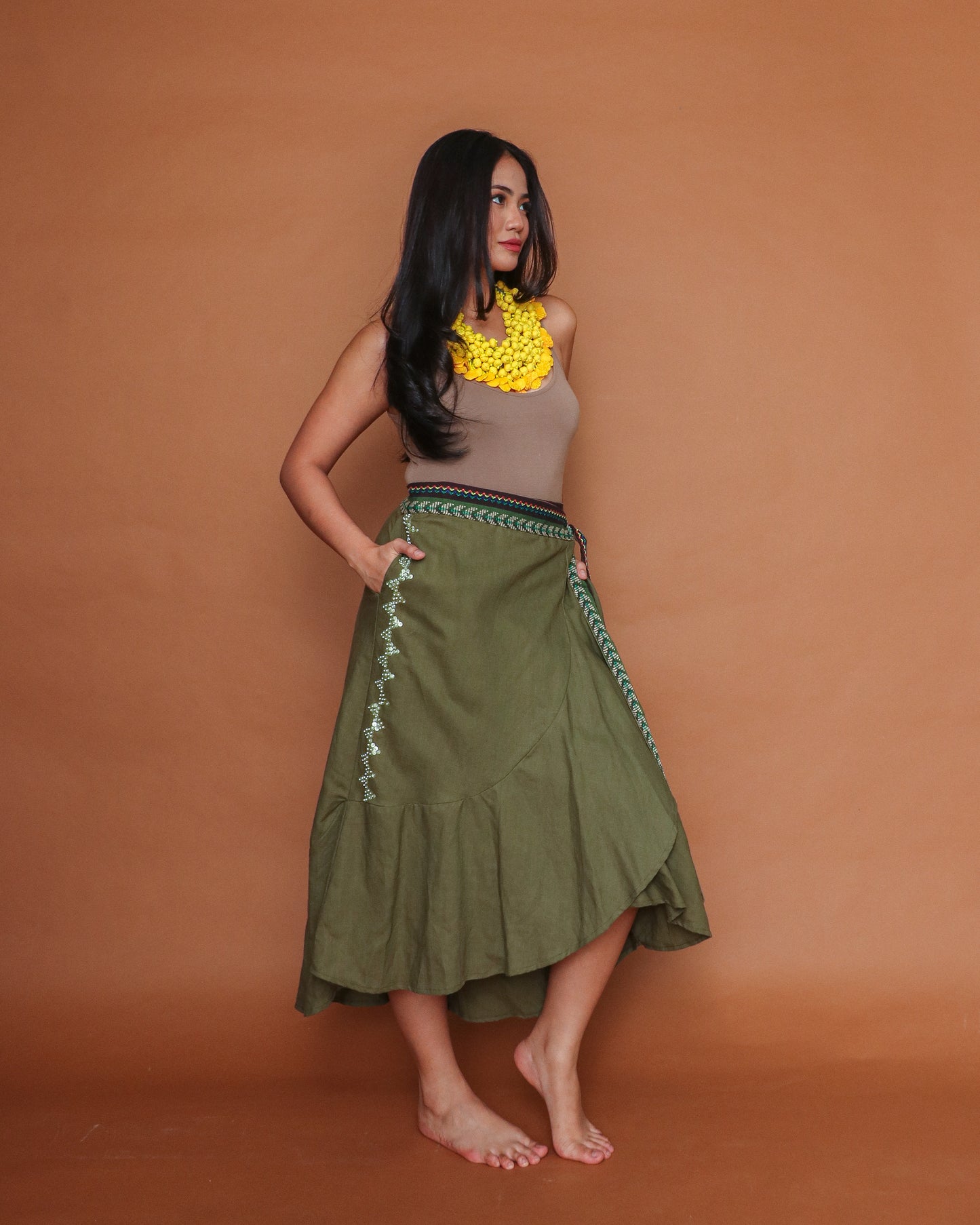Tanghali Linen Wrap Skirt with Green Ifugao in Olive Green Linen