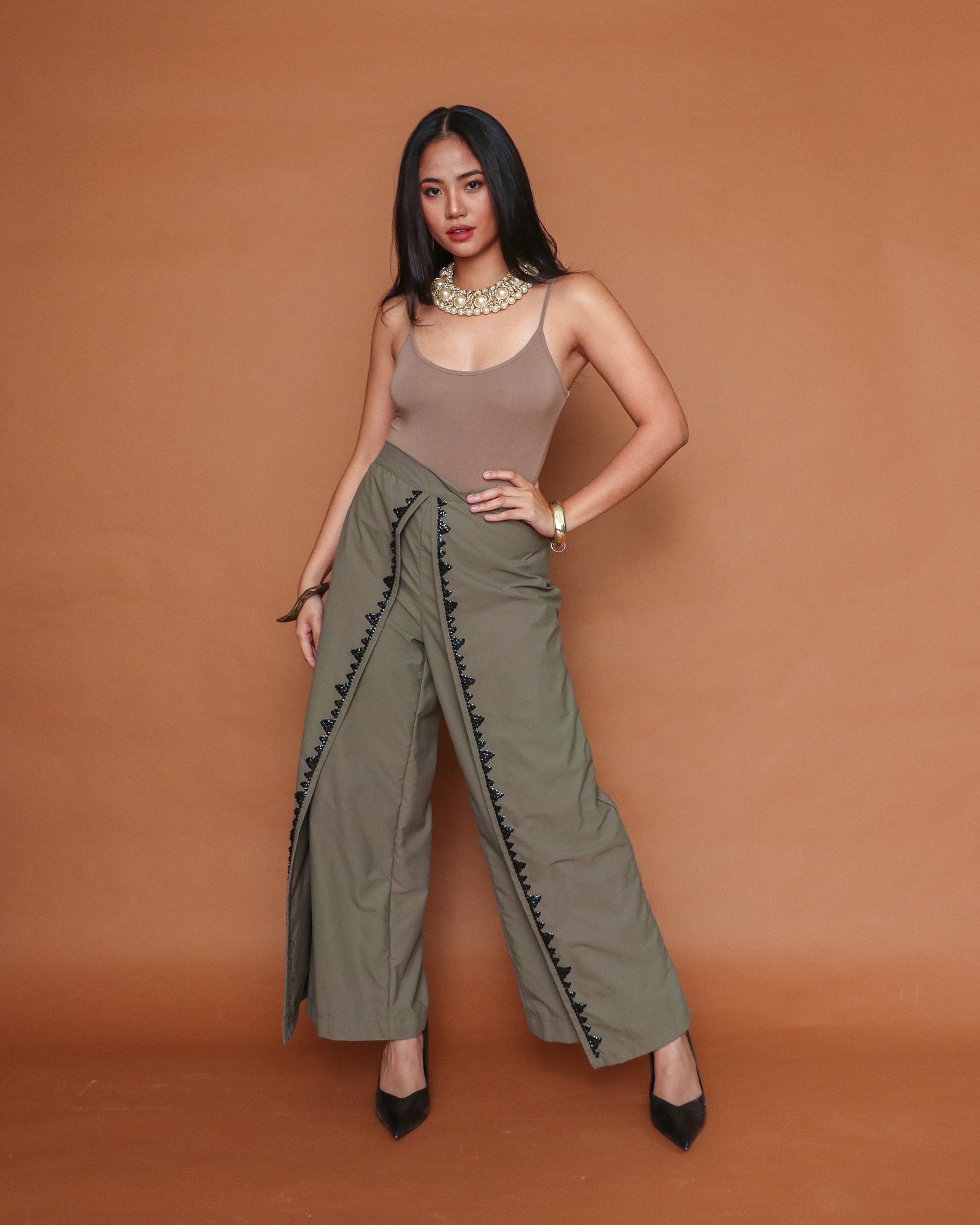 Maayos Kausap Fatigue Green Flair Pants with Hand Embroidery