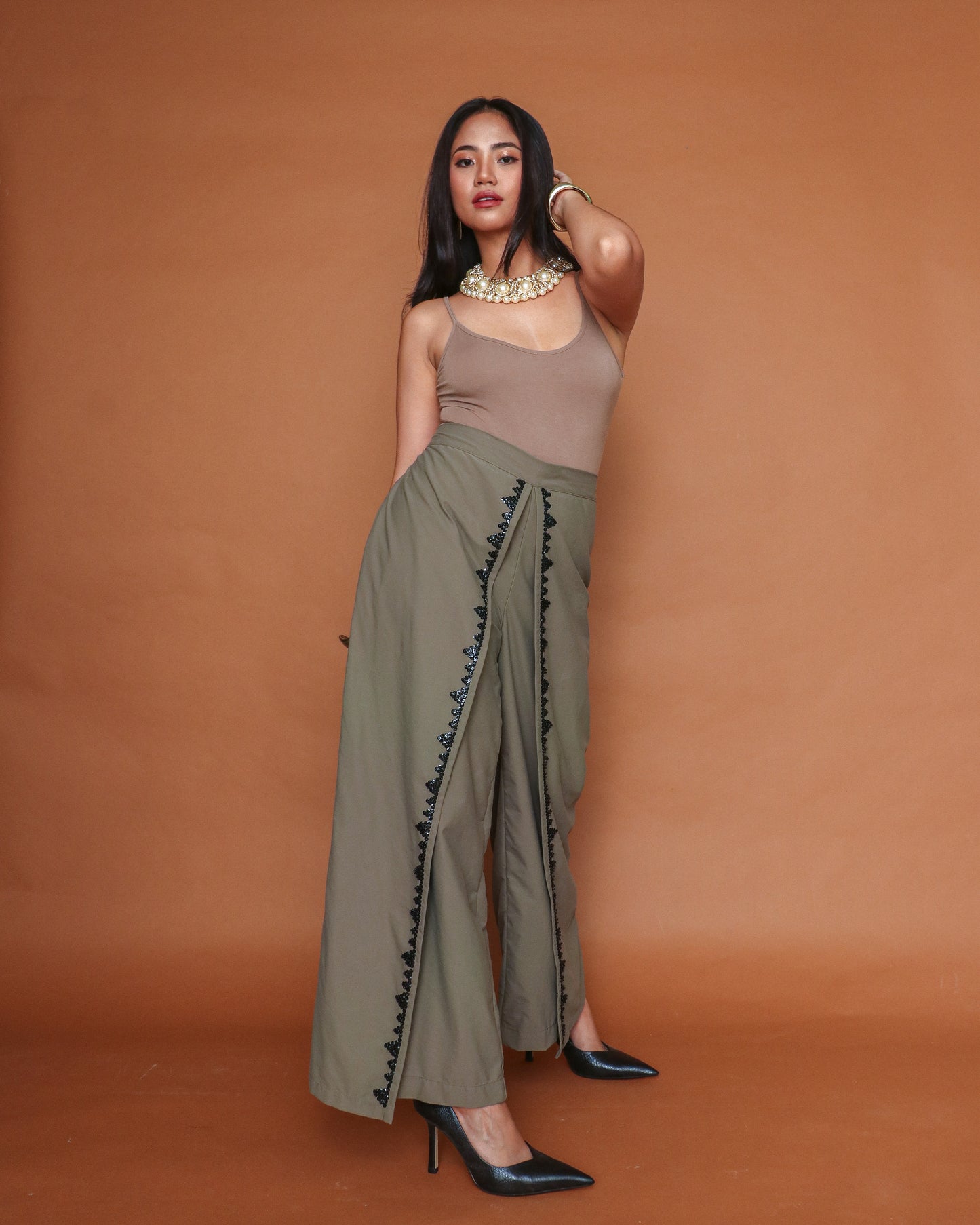 Maayos Kausap Fatigue Green Flair Pants with Hand Embroidery