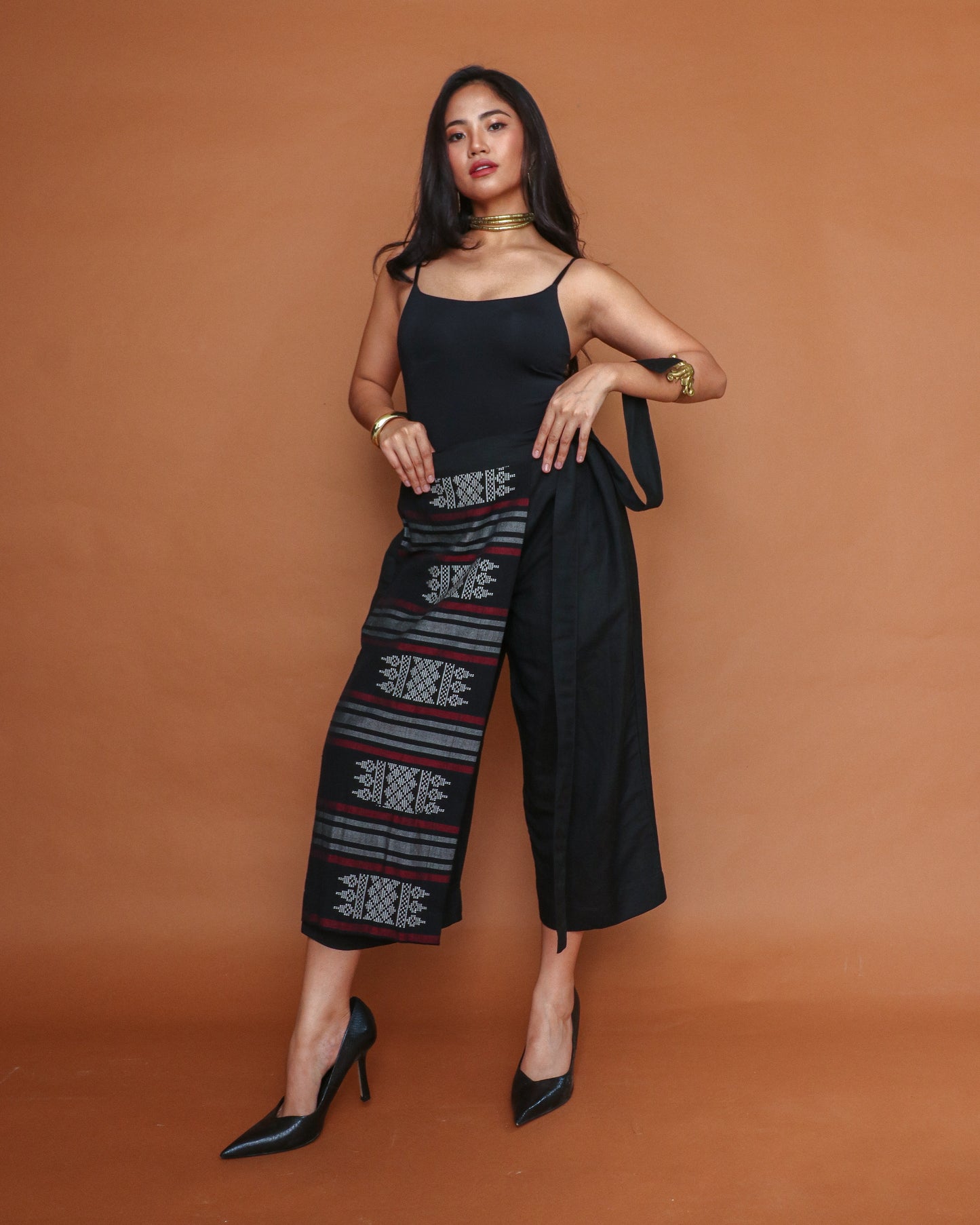Magiliw Black Wrap Linen Pants with Cotton Inaul Weave of Maguindanao