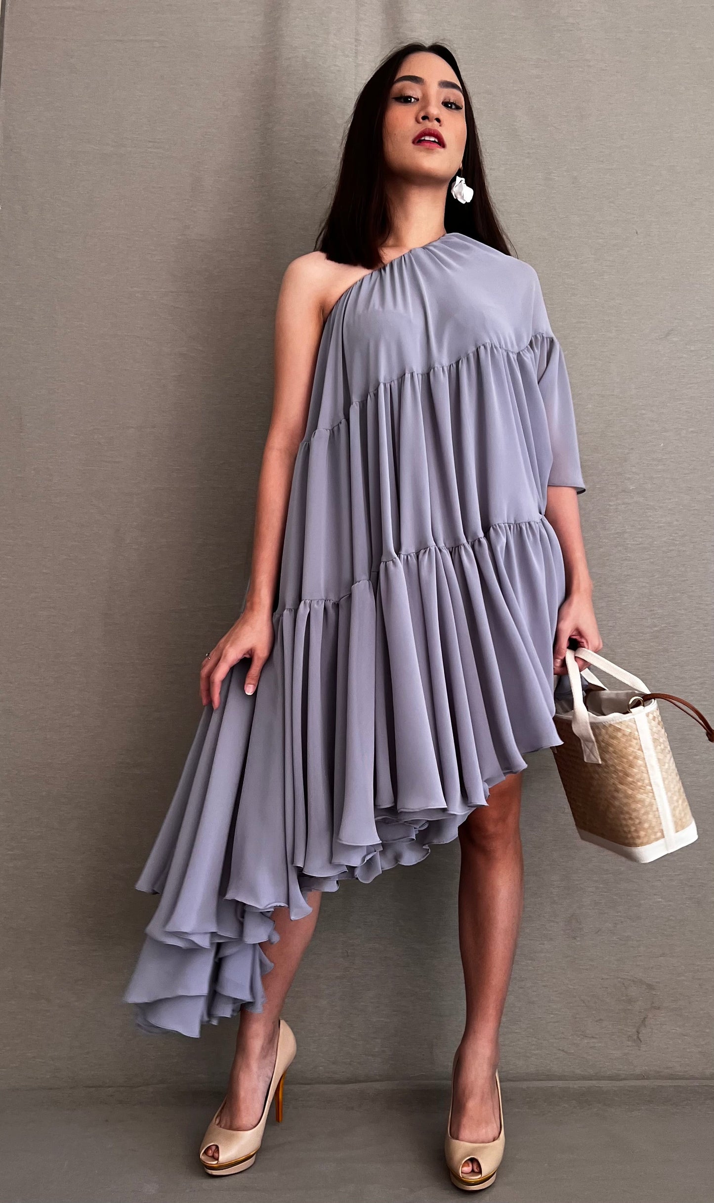 Head Turner Summer Event Dress in Super Flowy Soft Chiffon in Lilac Grey