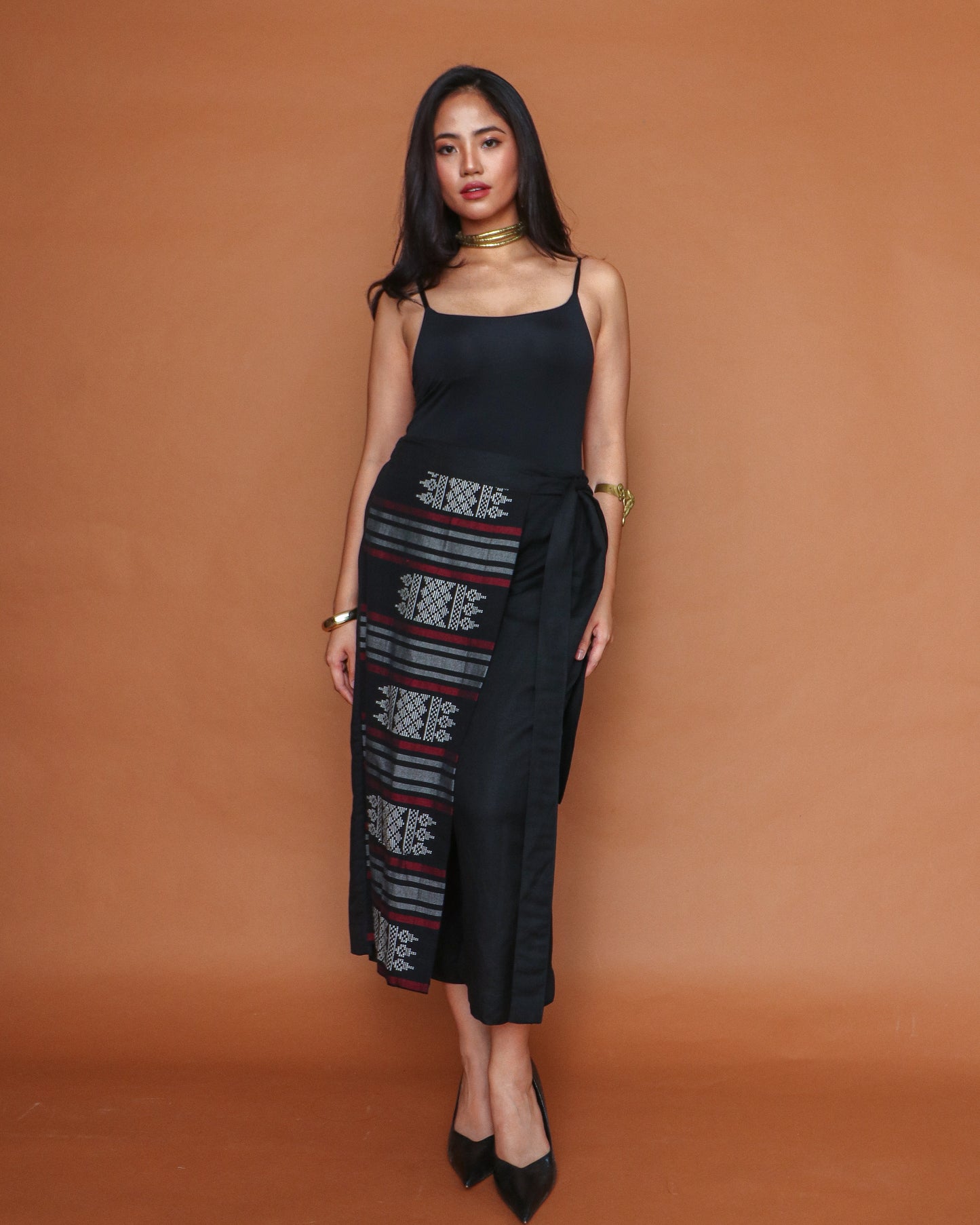 Magiliw Black Wrap Linen Pants with Cotton Inaul Weave of Maguindanao