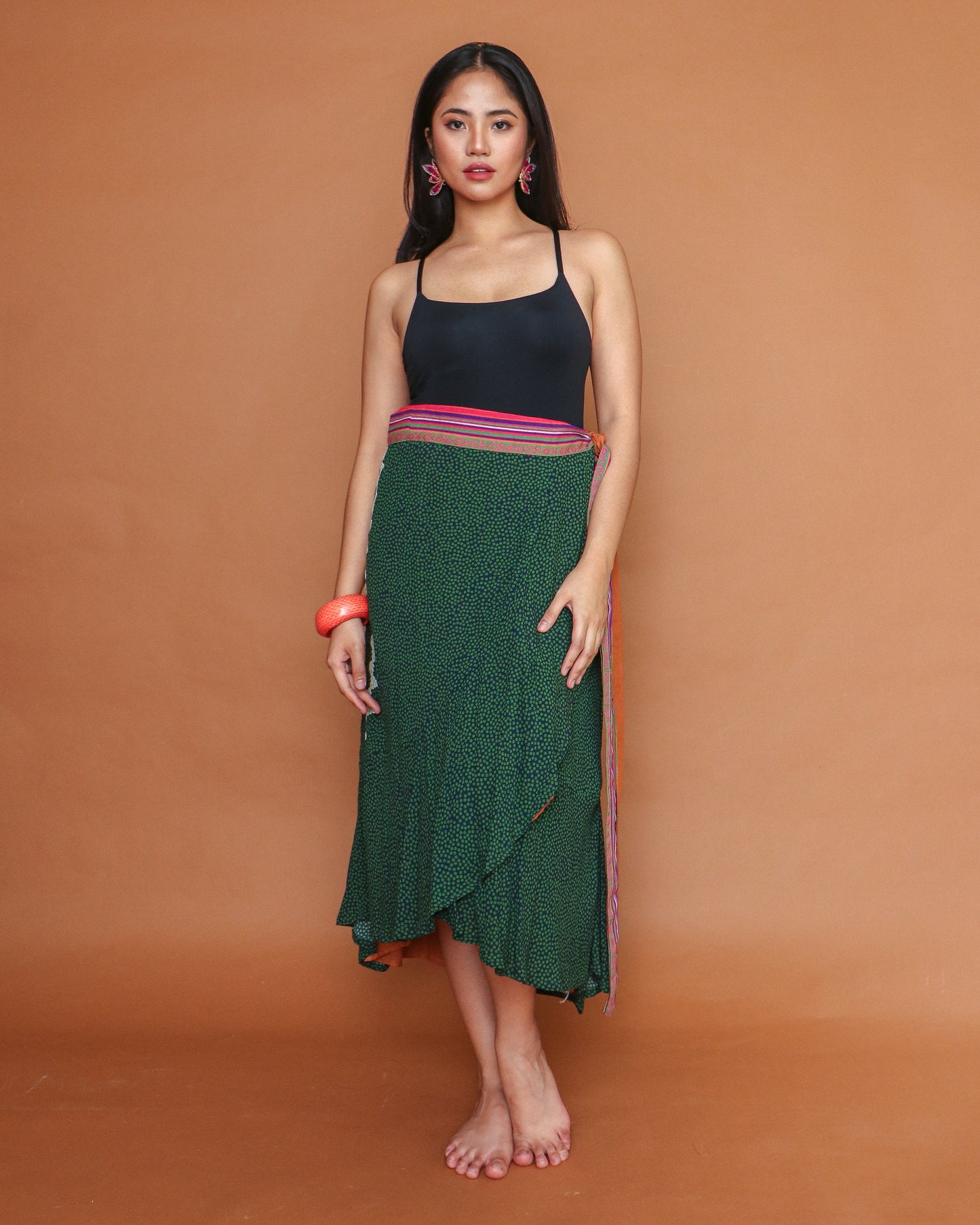 Bretman Wrap Skirt in Green Orange with Hand Embroidery